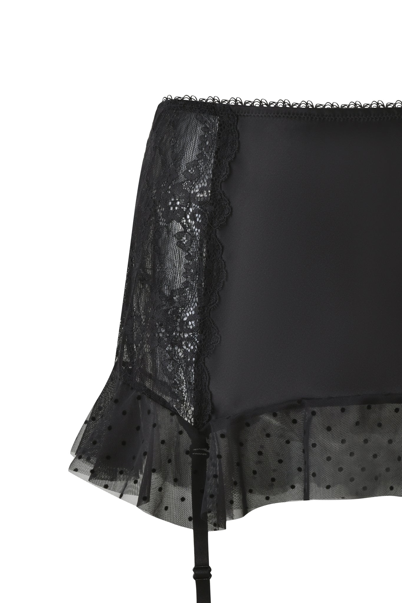 Close-up of the CIRA GARTER MINI SKIRT in black by I.AM.GIA, showcasing lace details, sheer polka-dot mesh trim, scalloped edges, and adjustable garter straps for a customizable fit.