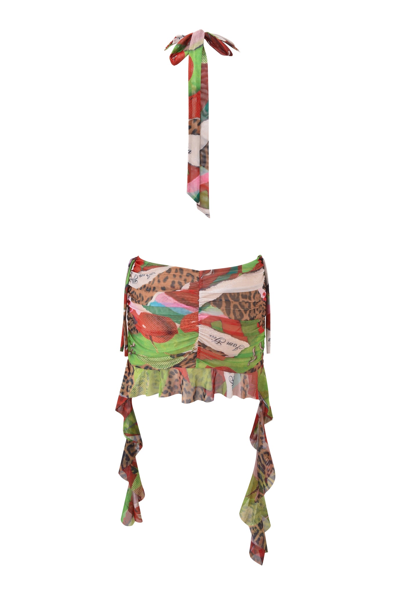 The AERIN MINI DRESS - WILD CHERRY by I.AM.GIA is a colorful halter mini dress set with a tie top and ruched mini skirt, featuring green, red, and brown wild cherry prints plus ruffled, asymmetrical hems.