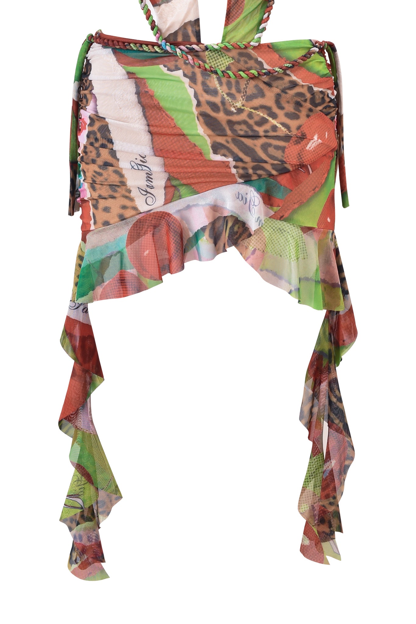 The AERIN MINI DRESS - WILD CHERRY by I.AM.GIA features a colorful leopard and wild cherry print, green and red abstract shapes, a ruffled asymmetrical hem, side ties, and is crafted from lightweight, semi-sheer fabric.