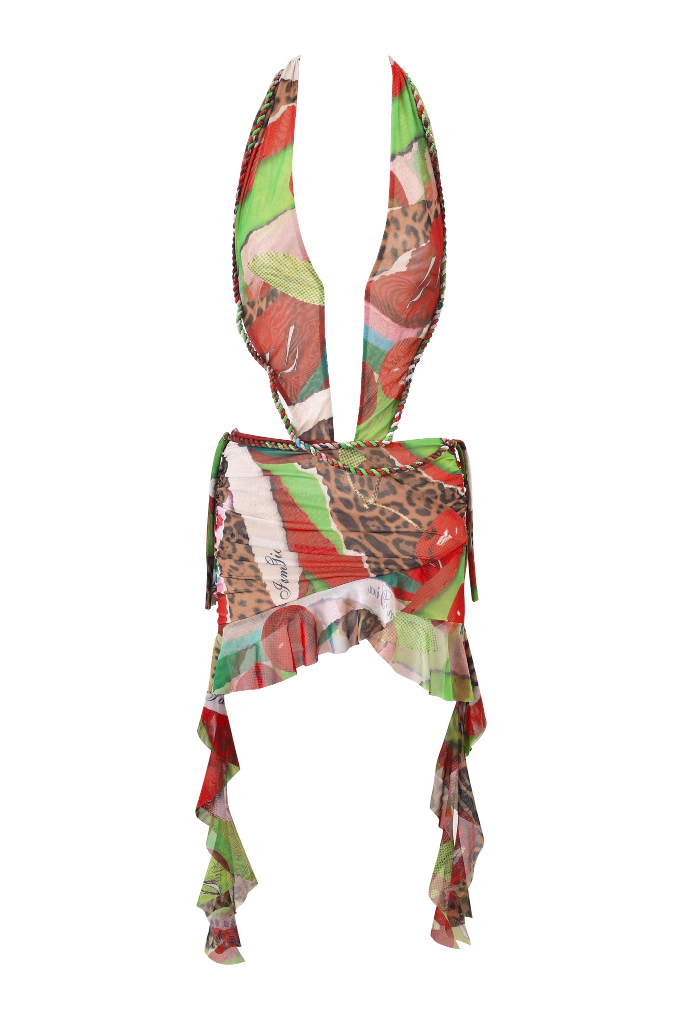The AERIN MINI DRESS - WILD CHERRY by I.AM.GIA features a bold mix of red, green, leopard, and white wild cherry prints with an asymmetric ruffled skirt and plunging neckline.