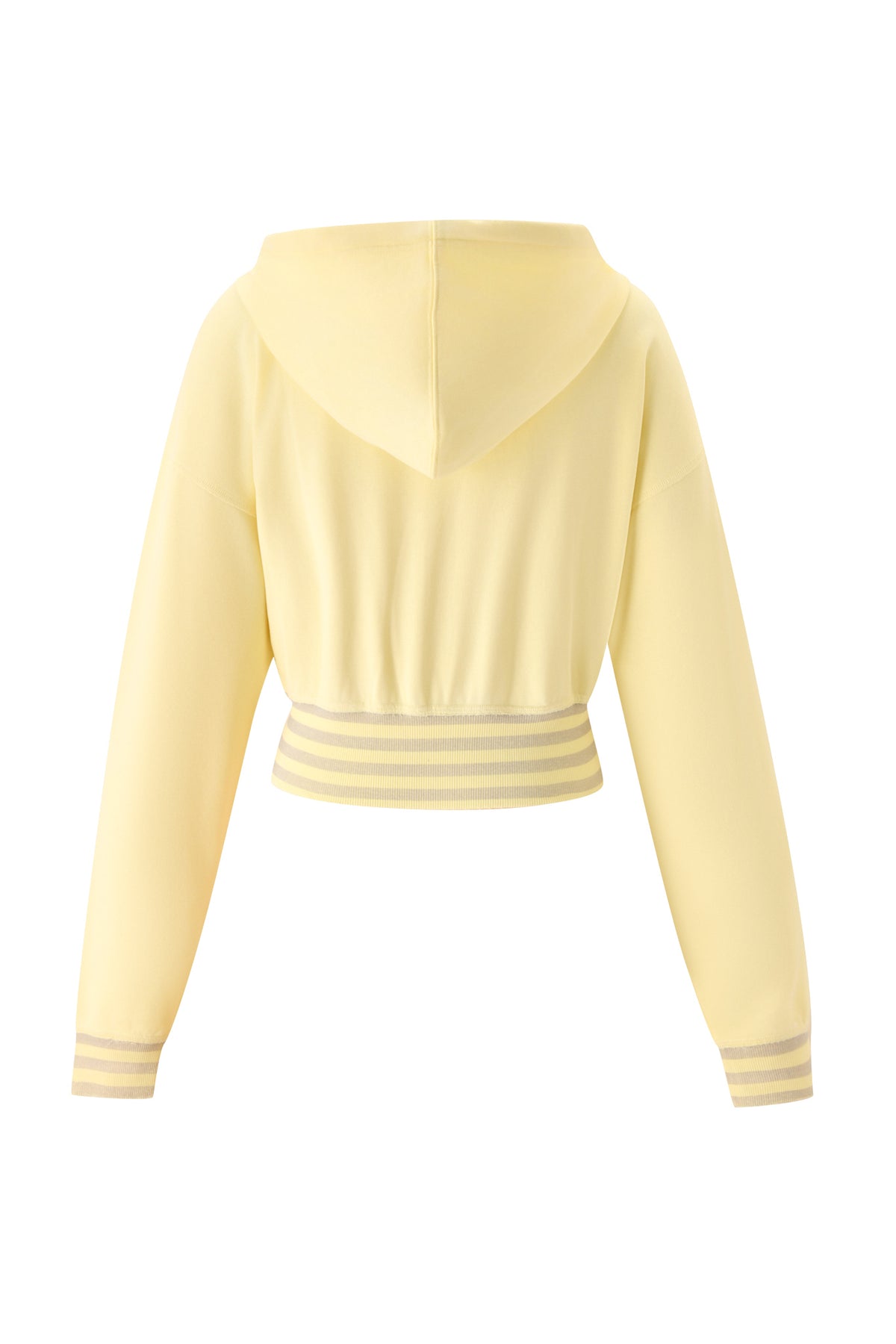 Light yellow cropped hoodie shown from the back, featuring a hood and striped white and yellow ribbed cuffs and waistband—perfect for pairing with the I.AM.GIA VEDA PANT in yellow or your favorite low-rise track pants for an effortless, sporty look.