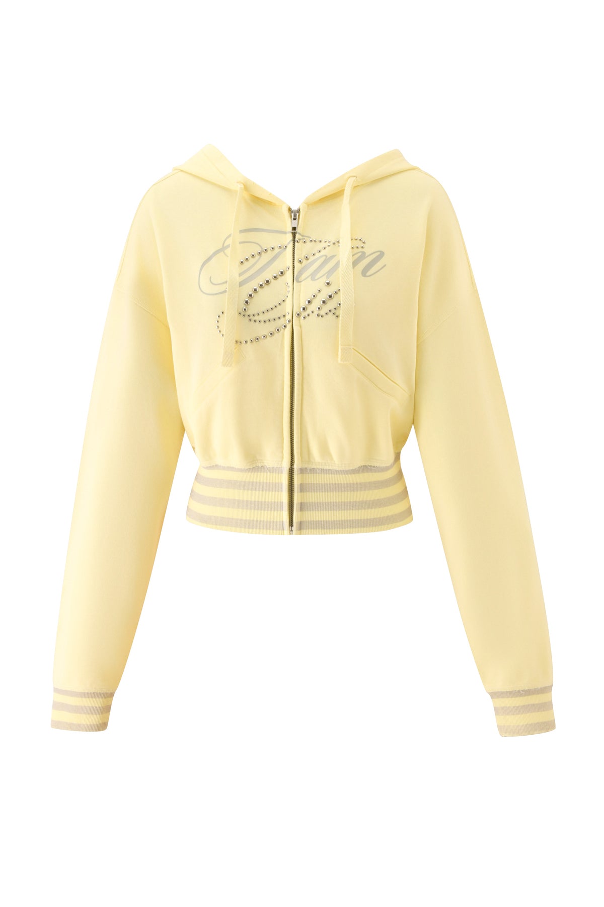 Pair the I.AM.GIA VEDA PANT - YELLOW with a light yellow cropped zip-up hoodie featuring a hood, long sleeves, striped cuffs and hem, and silver rhinestone embellishments in cursive on the front for a bold, trend-forward look.