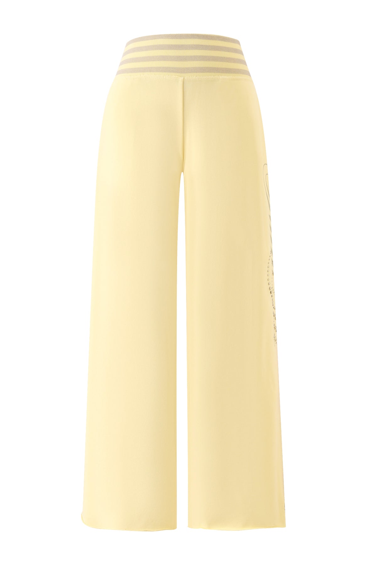 The VEDA PANT - YELLOW by I.AM.GIA features a wide-leg, high-waisted silhouette with a gray and white striped elastic waistband. Seen from the back, the soft, lightweight fabric gives a comfortable yet stylish appeal reminiscent of classic I.AM.GIA track pants.