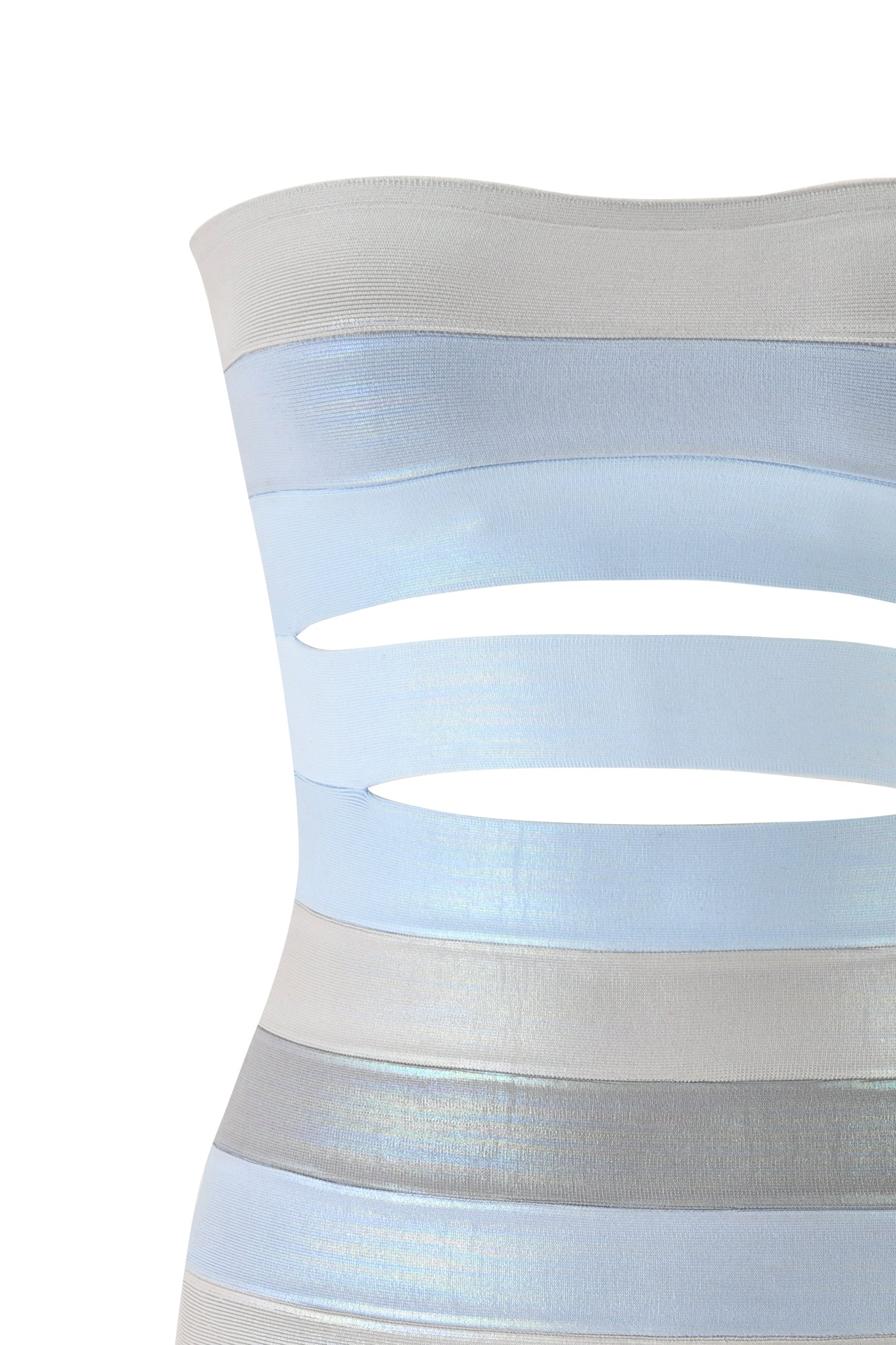 The I.AM.GIA ZUNA PLATINUM BANDAGE MINI DRESS in baby blue features a strapless, bodycon fit with horizontal metallic bands and two slim midsection cutouts for a modern mini dress style.