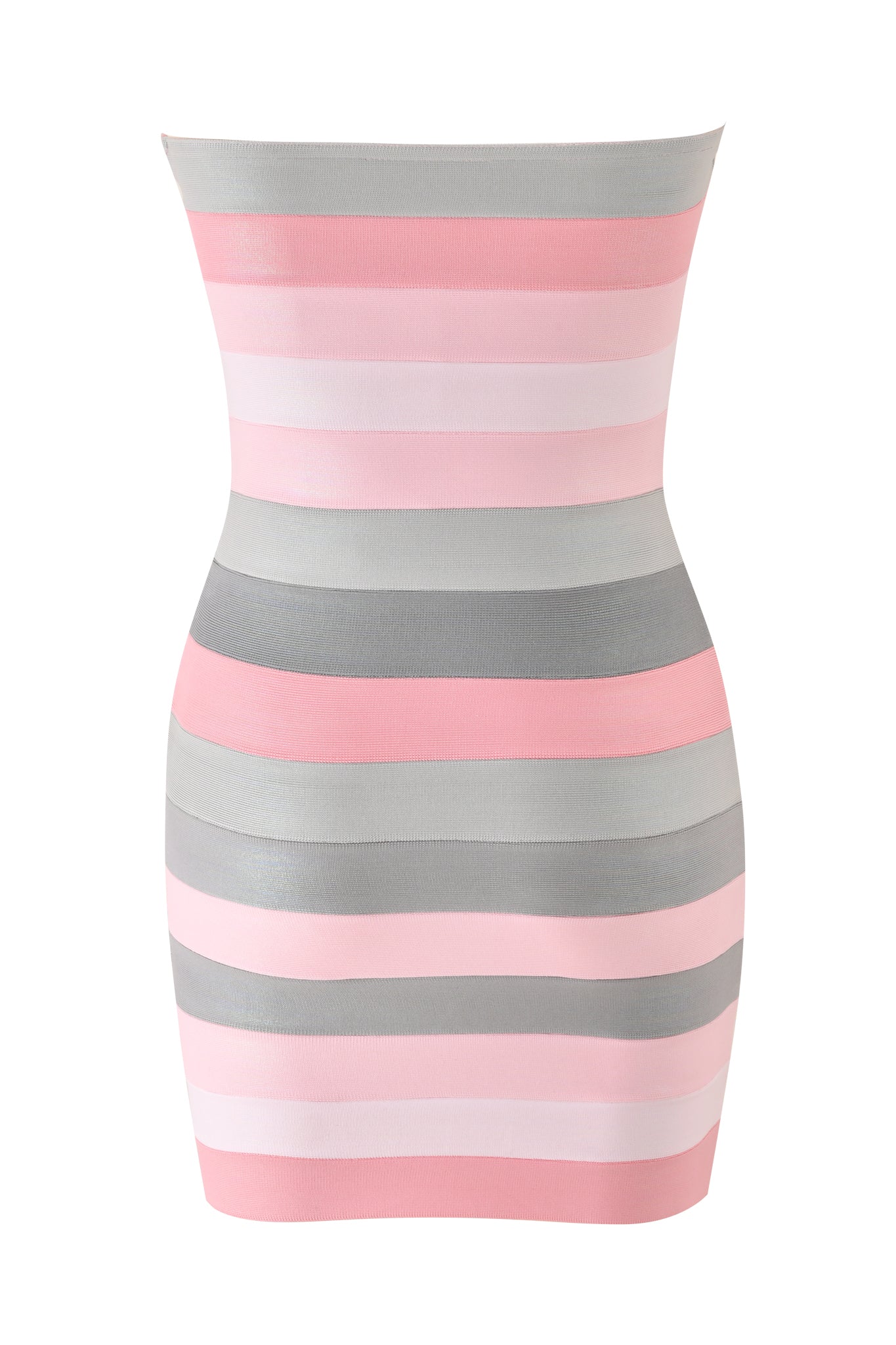 The I.AM.GIA ZUNA PLATINUM BANDAGE MINI DRESS - PINK is a strapless mini dress with horizontal pastel pink, grey, and white stripes on a white base.