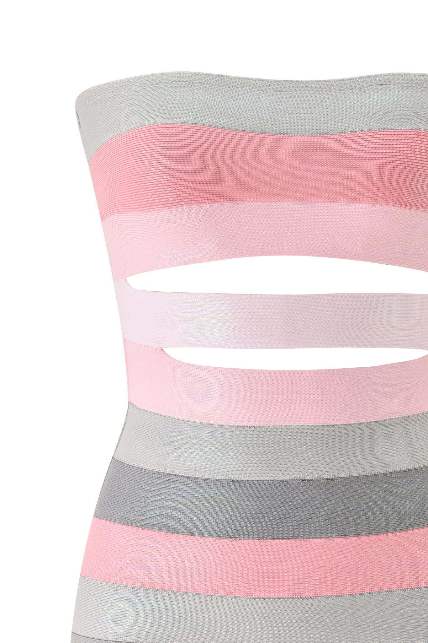 The ZUNA PLATINUM BANDAGE MINI DRESS by I.AM.GIA features a strapless design with pastel pink, white, and gray horizontal bands, a midsection cutout, and a smooth, stretchy bandage fabric.