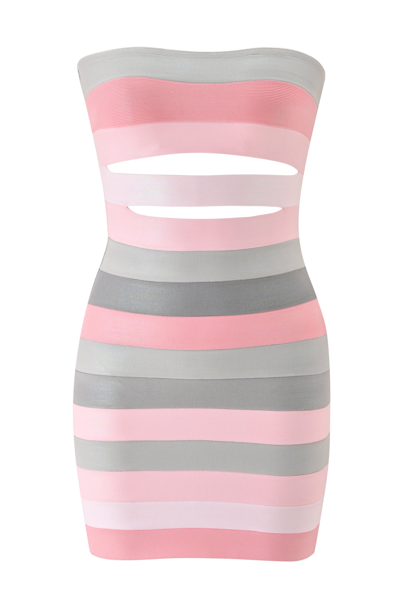 The ZUNA PLATINUM BANDAGE MINI DRESS by I.AM.GIA is a strapless pink tube mini featuring pastel stripes and two striking horizontal cutouts at the midsection.
