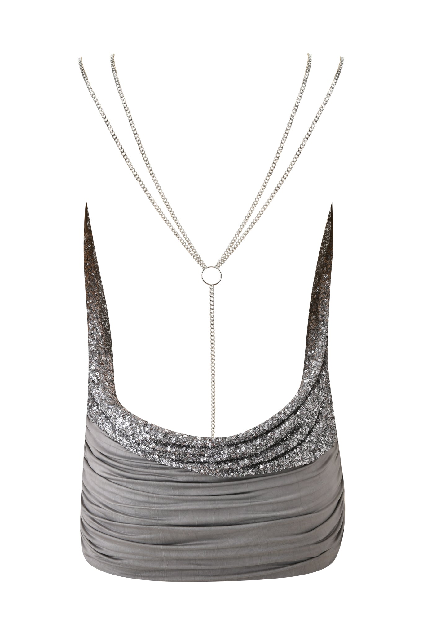 A back view of the I.AM.GIA LEXX MINI DRESS in silver, featuring glittery ruched metallic fabric, a draped neckline, thin chain straps, and a decorative center-back chain—perfect with your favorite bodycon look.