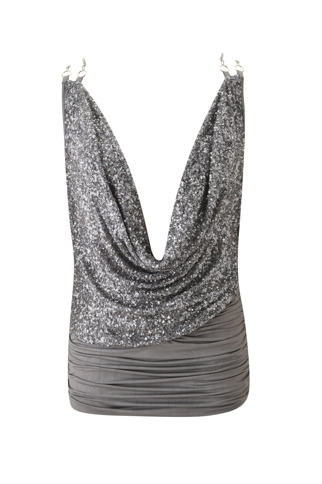 The I.AM.GIA LEXX MINI DRESS - SILVER is a sleeveless bodycon dress with a deep draped neckline, silver sequin front, and ruched gray waist, shown against a white background.