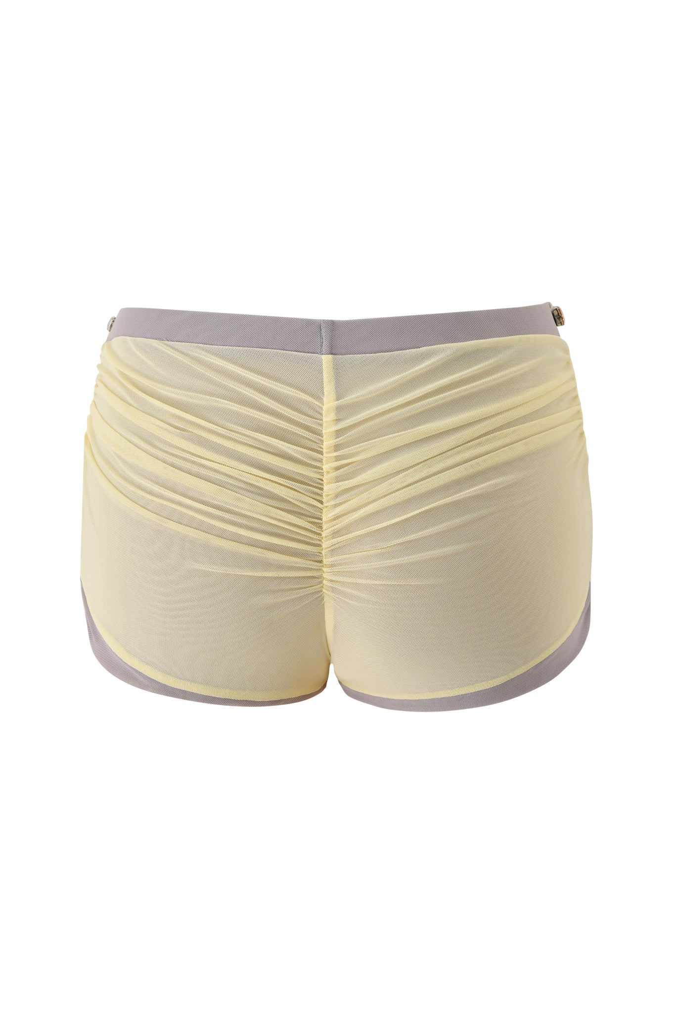 Back view of the I.AM.GIA AMATHA SHORT in butter yellow, featuring mesh fabric, ruched detailing, a bodycon fit, and fitted gray waistband and trim, shown against a white background.