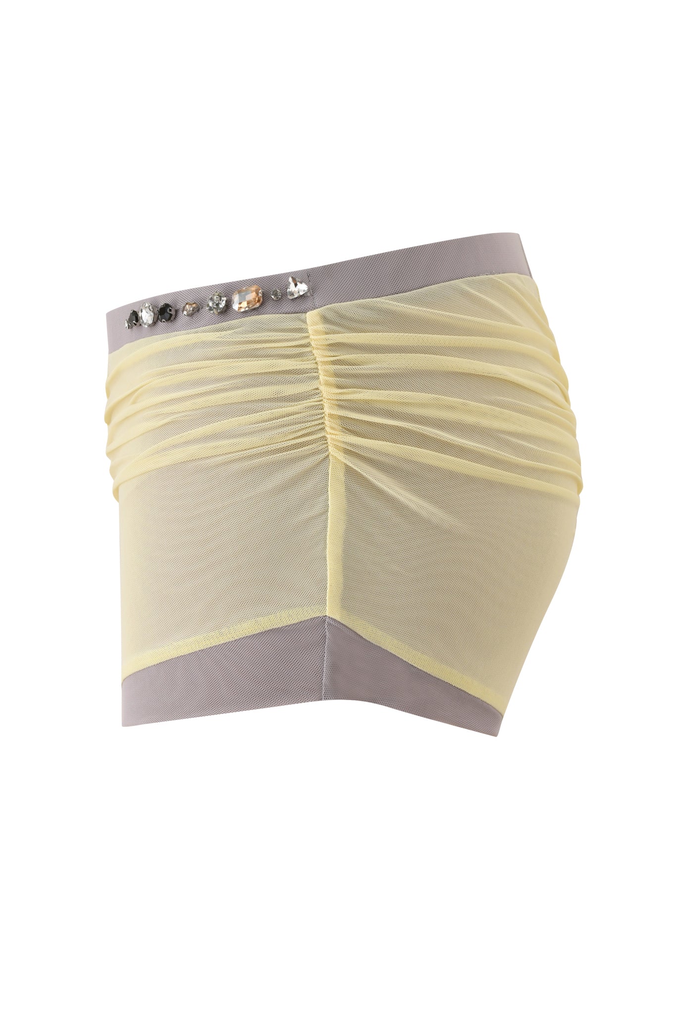The I.AM.GIA AMATHA SHORT in butter yellow features a micro mini mesh design, high waist, gathered ruching, gray waistband and cuffs, plus sparkling gems along the waistband for a chic bodycon fit.