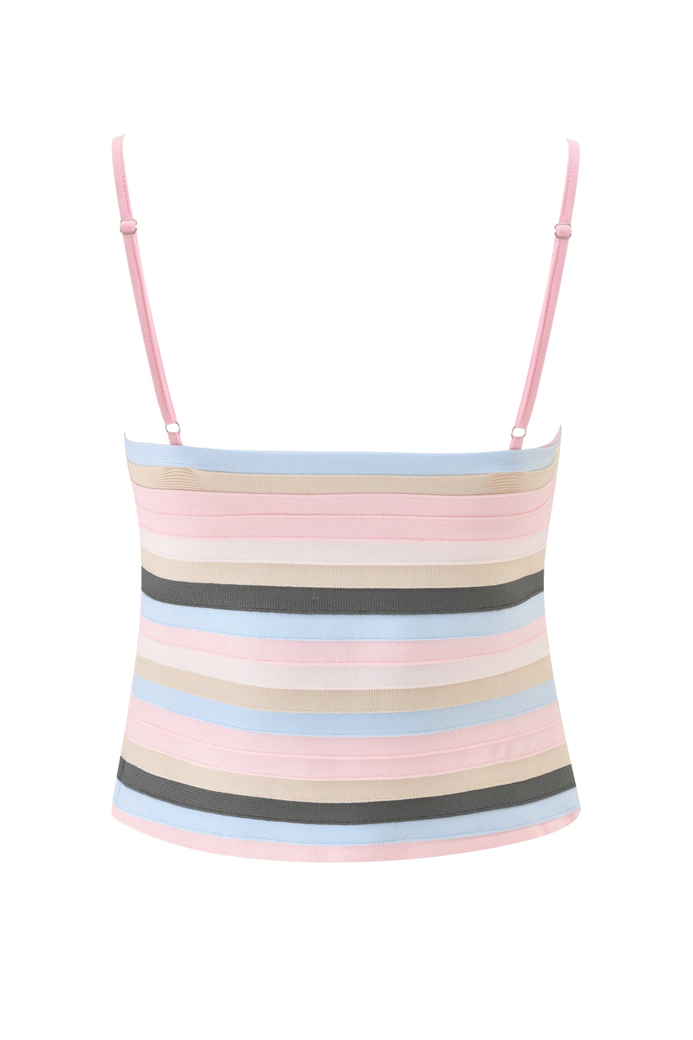 The I.AM.GIA NYNA BANDAGE CAMI TOP in baby pink is a sleeveless bodycon cami with thin adjustable straps and pastel horizontal stripes in pink, blue, beige, and gray, shown against a white background.