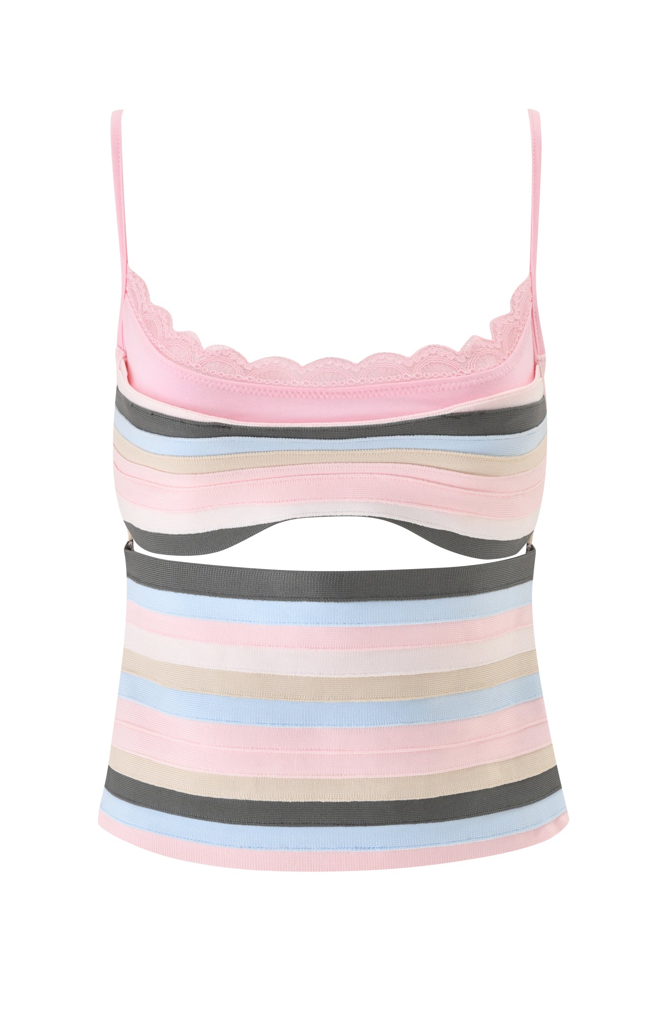 The NYNA BANDAGE CAMI TOP - BABY PINK by I.AM.GIA is a bodycon cami with thin straps, pink scalloped lace trim at the bust, multicolored horizontal stripes, bandage-style construction, and a cut-out below the bust.