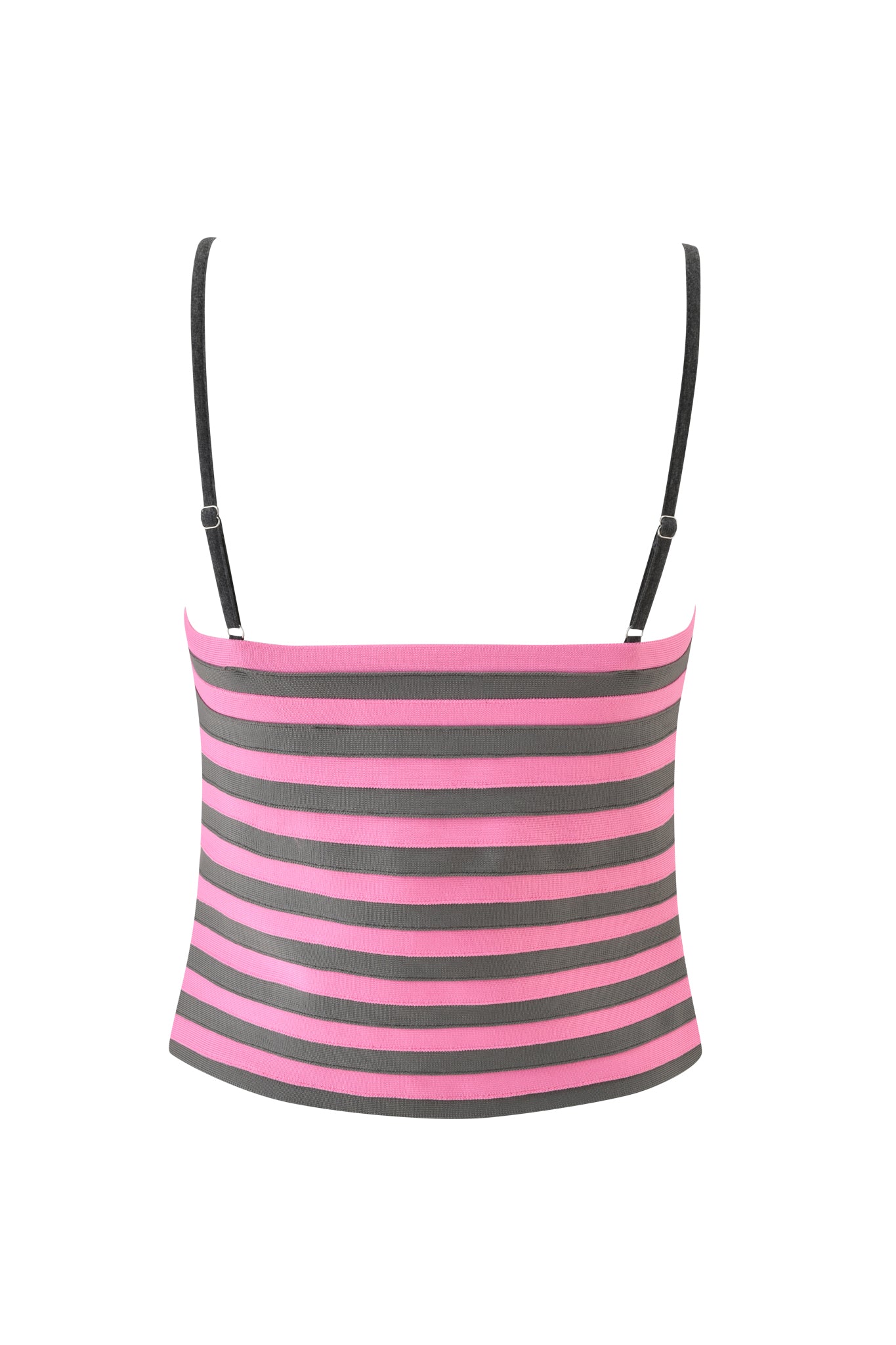 The NYNA BANDAGE CAMI TOP - HOT PINK by I.AM.GIA is a sleeveless, backless bodycon top with thin black straps and pink and dark gray stripes, featuring subtle bandage construction, shown against a white background.