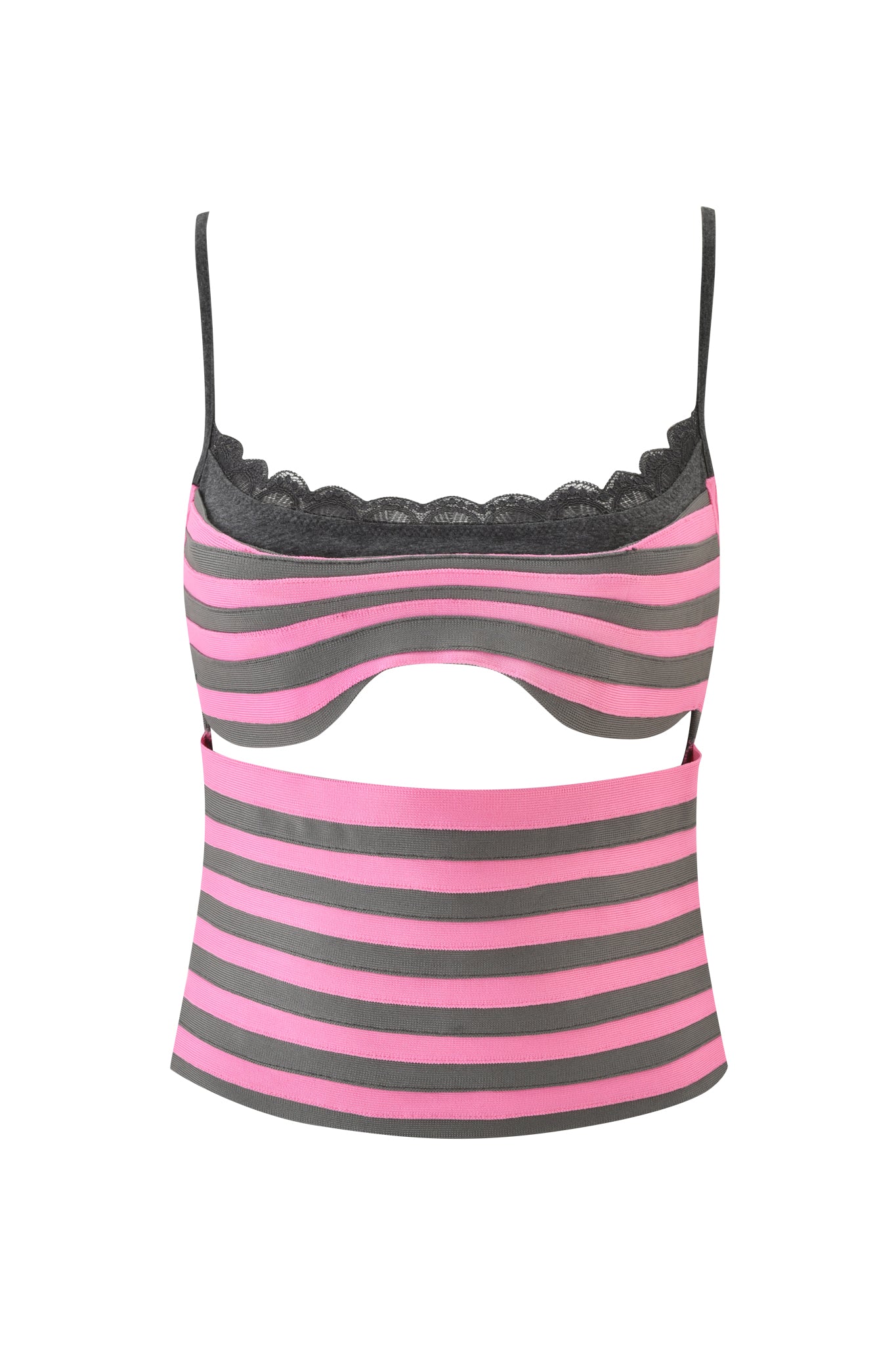 The NYNA BANDAGE CAMI TOP by I.AM.GIA features hot pink and dark gray stripes, thin straps, scalloped lace trim at the neckline, and a midriff cutout below the bust. Displayed against a plain white background.