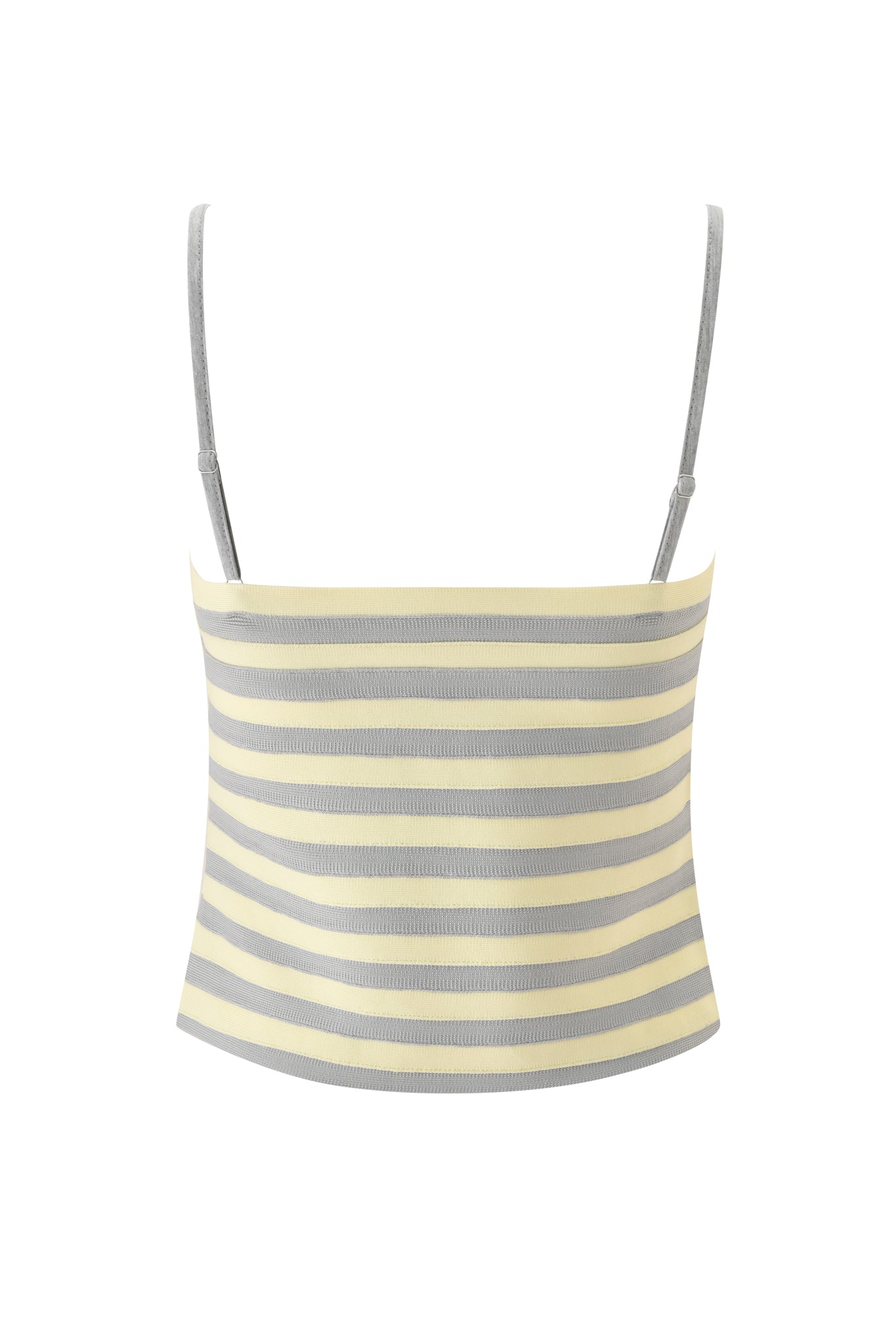 The NYNA BANDAGE CAMI TOP - YELLOW by I.AM.GIA is a sleeveless, fitted bodycon top with adjustable spaghetti straps and yellow and gray horizontal stripes, shown on a white background.