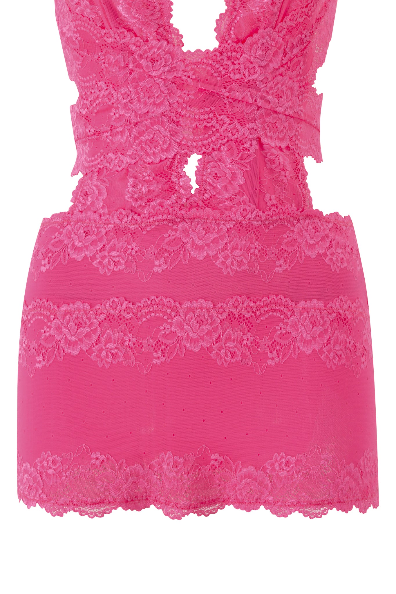 The STARLA MINI DRESS in pink by I.AM.GIA features intricate floral lace, sheer details, scalloped hem, and delicate wrap-around straps for a stunning close-up look.