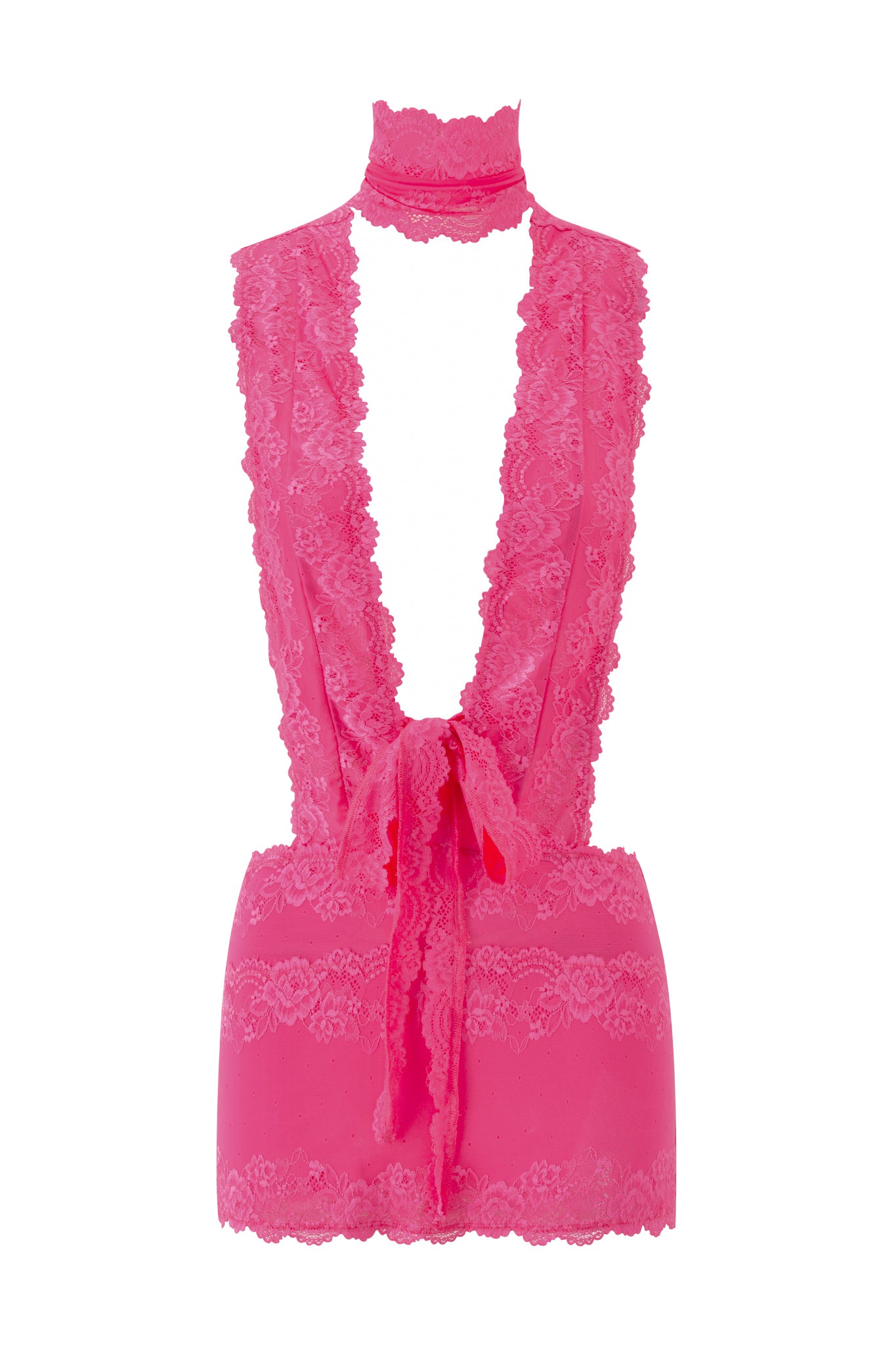 The STARLA MINI DRESS by I.AM.GIA in pink features a hot pink lace design, deep plunging neckline, scalloped edges, wrap-around waist straps, a bold back bow, and an attached matching lace choker for a sultry finish.