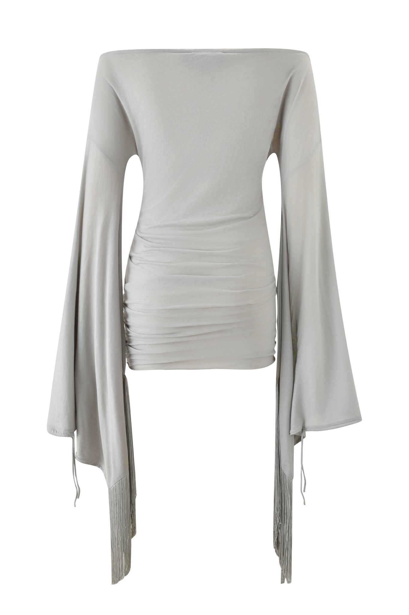 The I.AM.GIA LUMA MINI DRESS in grey features an off-shoulder design, long flared fringe sleeves, ruched waist, fitted mini silhouette, vertical cutouts, and fringe trim for a modern, chic look.