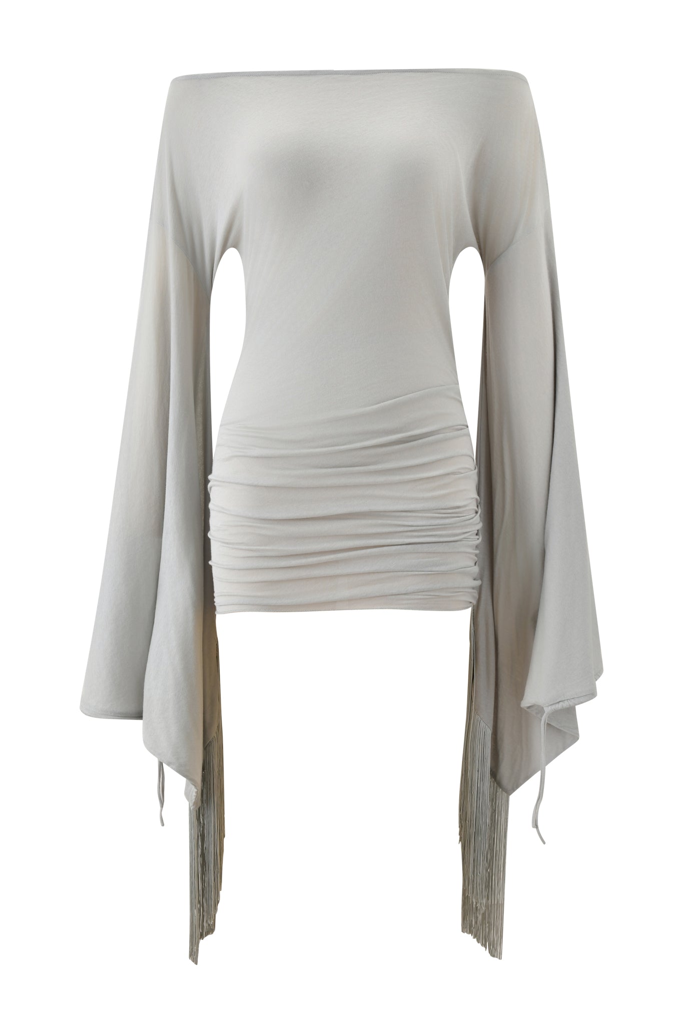 The LUMA MINI DRESS - GREY by I.AM.GIA is a light gray off-the-shoulder cotton jersey mini dress featuring long, wide fringe sleeves and ruched waist detailing.