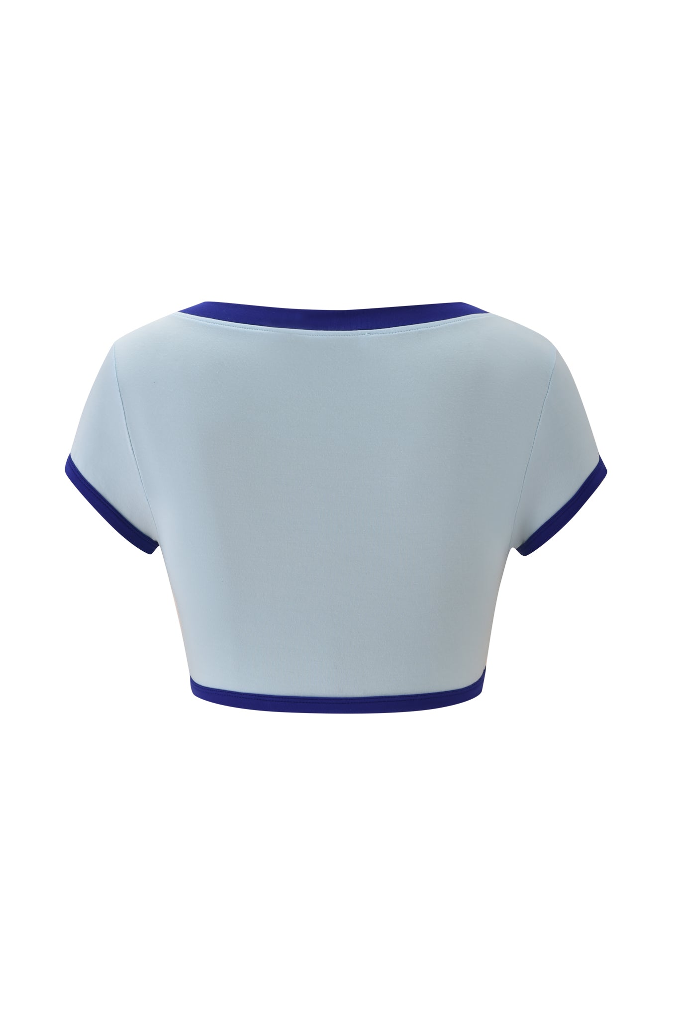 Back view of the I.AM.GIA BLARE SPORT CROP TEE AND HEADBAND in baby blue, featuring dark blue trim on the neckline, sleeves, and hem for a smooth and sporty fitted look.