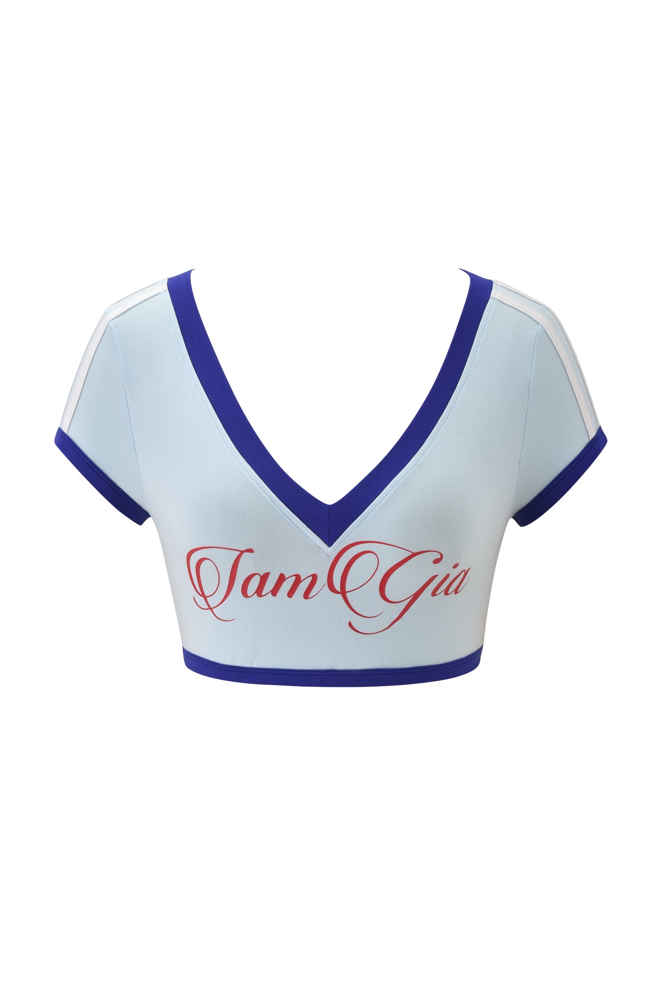 The I.AM.GIA BLARE SPORT CROP TEE AND HEADBAND in baby blue is a light blue cropped top with short sleeves, a sporty blue V-neckline, and "Jam Gia" written in red script across the front.