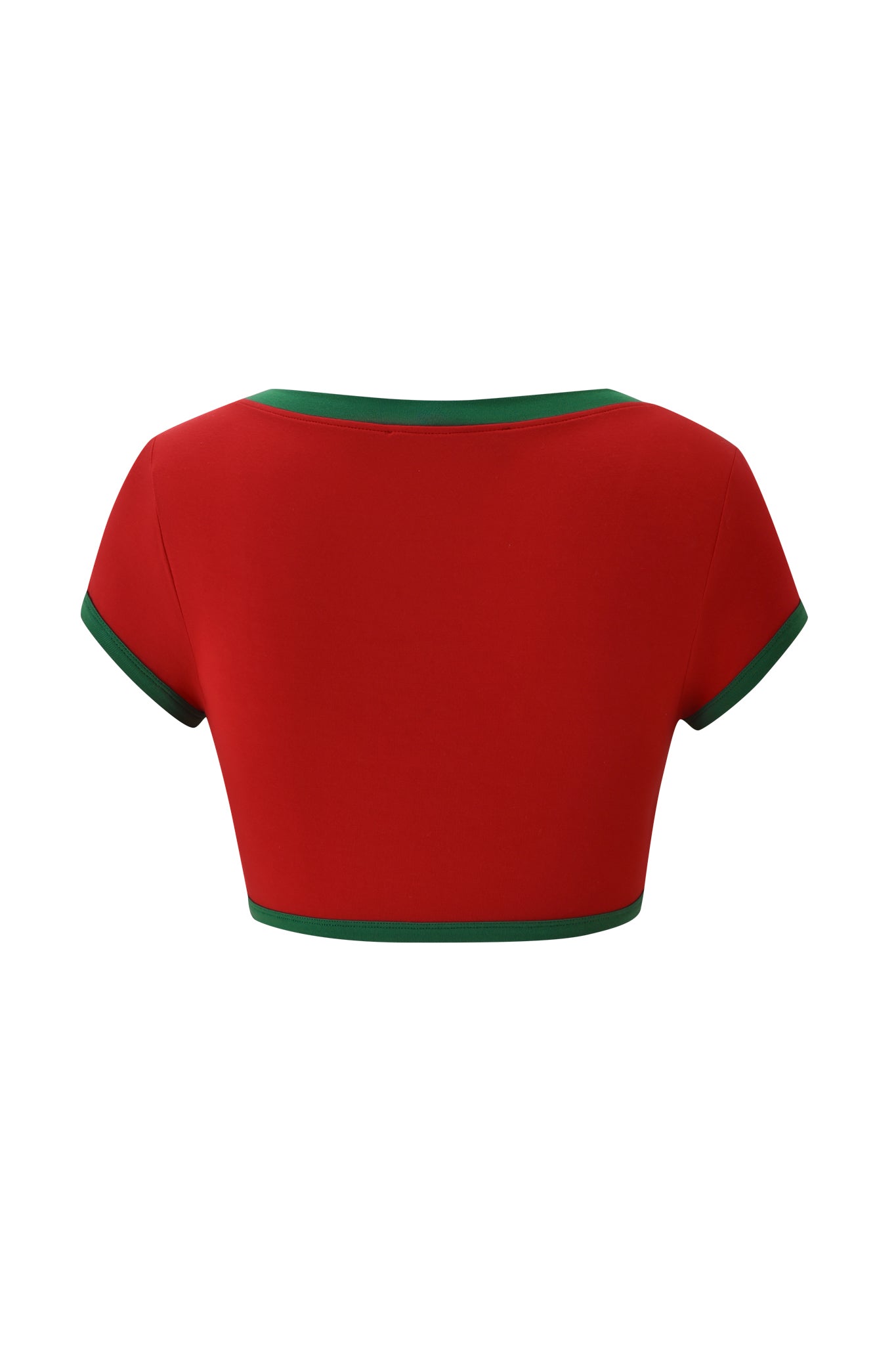 The I.AM.GIA BLARE SPORT CROP TEE AND HEADBAND - CRIMSON is a red, ultra-cropped, short-sleeve top with green trim on the collar, sleeves, and hem, shown from the back against a white background.