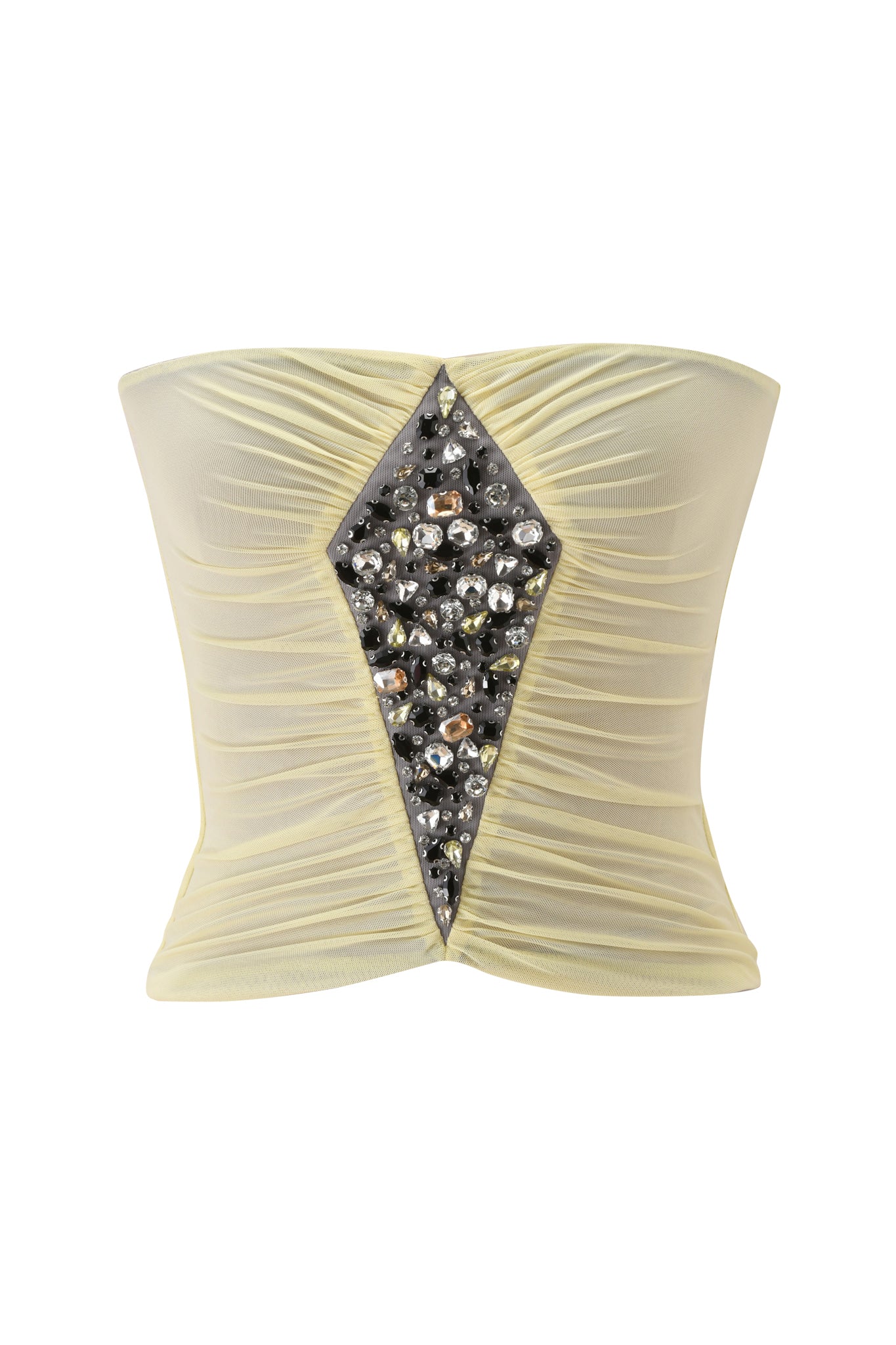 The AMATHA TUBE TOP - BUTTER YELLOW by I.AM.GIA is a strapless mesh tube top with ruched sides and a central diamond panel decorated with multicoloured stones.