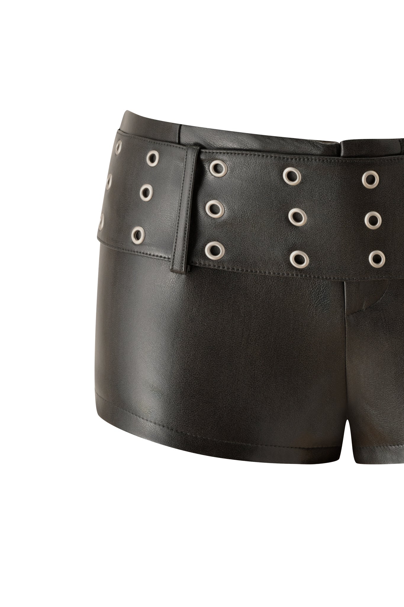 The DASHA SHORTS - GREY by I.AM.GIA feature grey faux leather with metallic grommet detailing and a wide waistband, displayed on a white background.