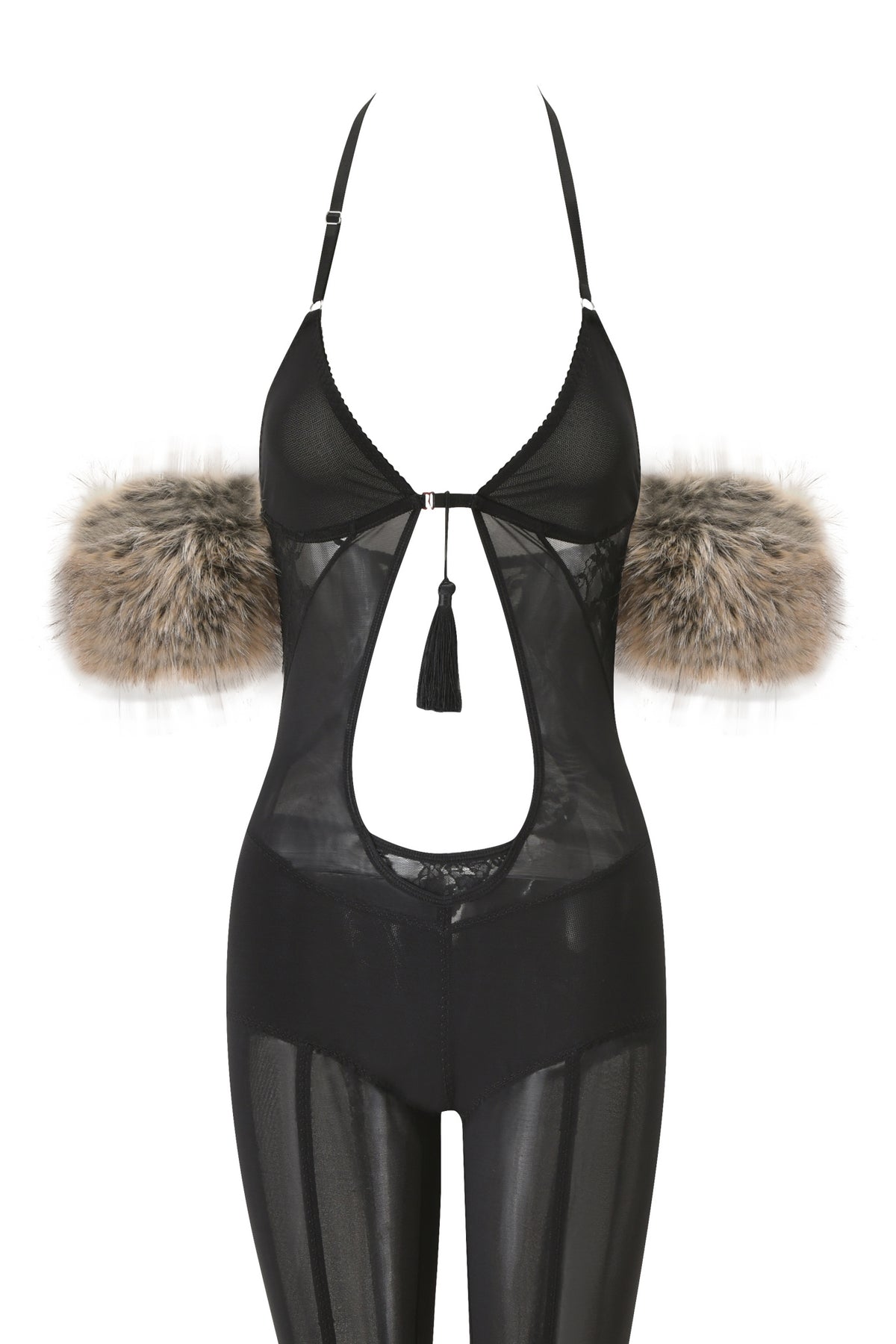Introducing the AZARI CATSUIT - BLACK by I.AM.GIA: a sheer black bodysuit featuring bold cutouts, adjustable shoulder straps, a striking front tassel detail, and playful fluffy faux fur sleeves. Reminiscent of a statement-making black mesh catsuit, this fashion-forward piece is perfect for adding an unforgettable edge to any daring ensemble or unique Halloween costume.