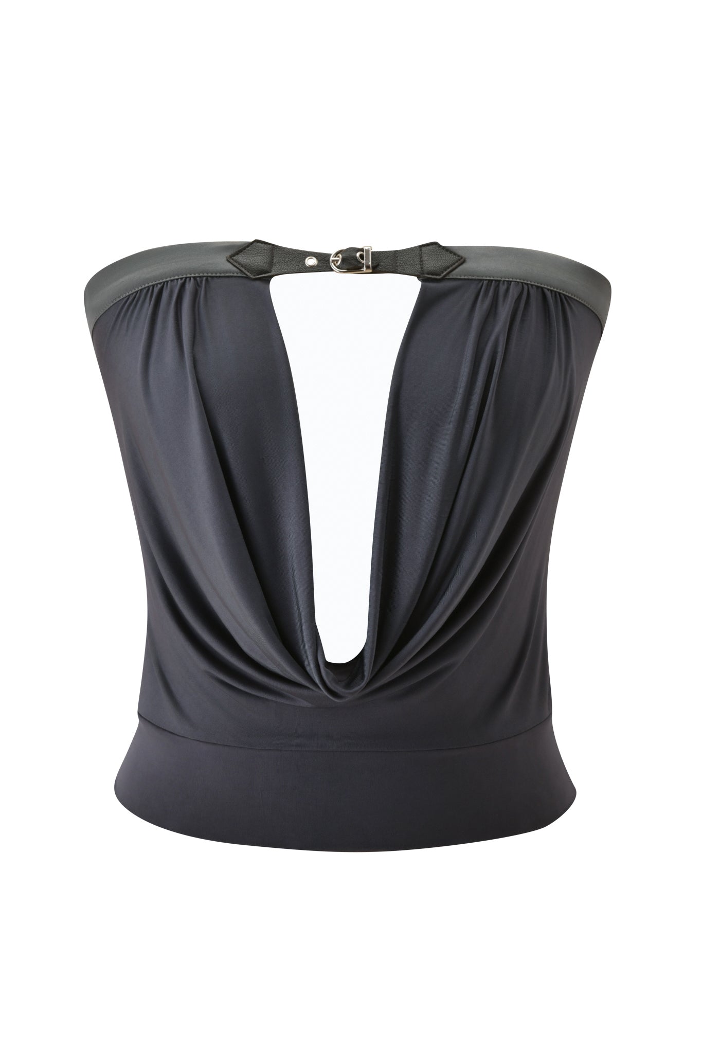 The JENNA TOP - GREY by I.AM.GIA is a strapless bandeau top in a sleek grey shade, designed with a draped front and wide neckline. It features a dark leather-like trim and is accented by a silver buckle closure at the center. The bodycon silhouette is enhanced by subtle detailing, all showcased against a white background.