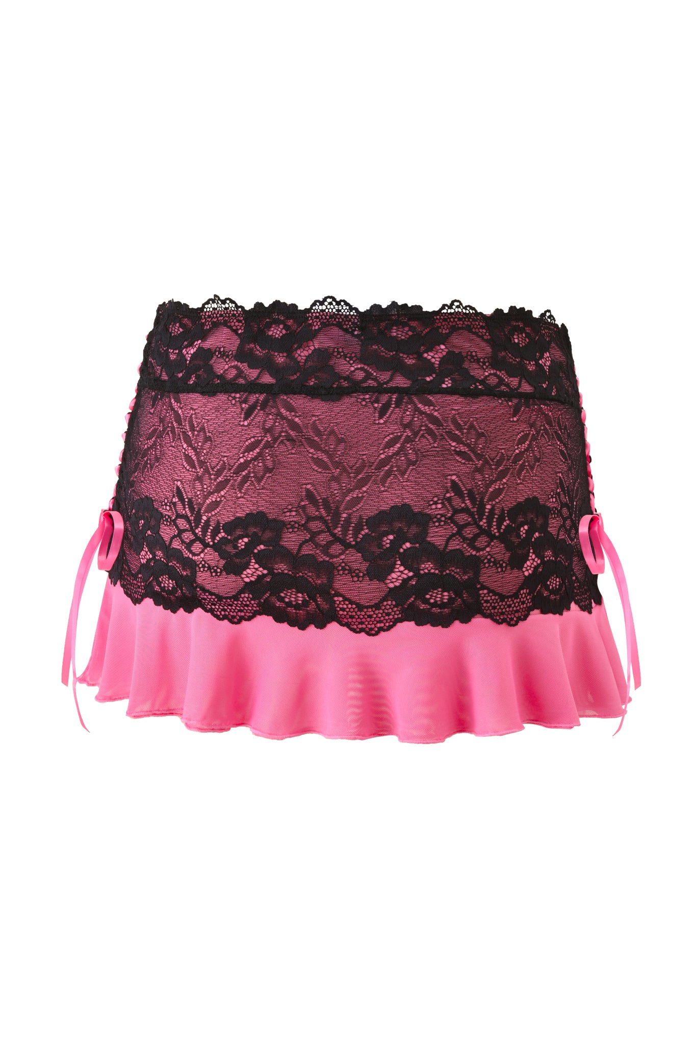 Pair the TIFFANY SKIRT - PINK by I.AM.GIA with a pink lace garter belt featuring black floral lace trim, a pink ruffled hem, and two satin bows on each side for a flirty, coordinated mini skirt look.