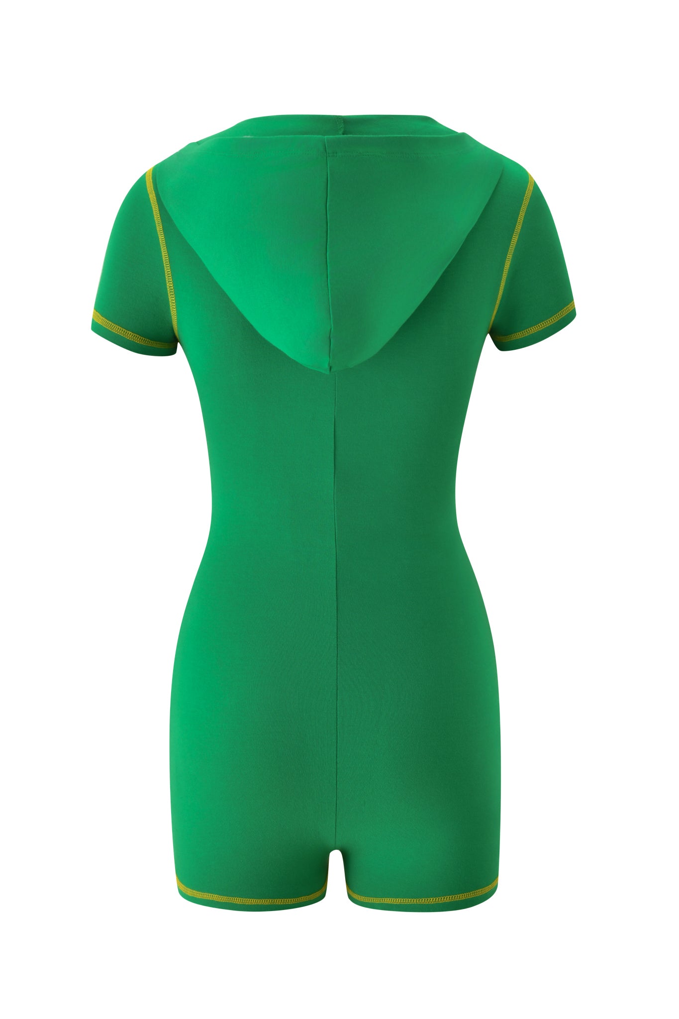 The I.AM.GIA BLARE CAP SLEEVE ROMPER - GREEN is a sporty, form-fitting mini romper with yellow trim, short legs, cap sleeves, back center seam, and a fitted hood.