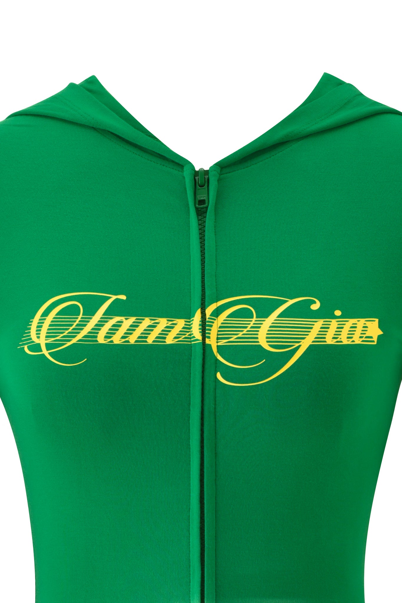 Close-up of the BLARE CAP SLEEVE ROMPER in green by I.AM.GIA, with a zipper, hood, and "I.AM.GIA" in bold yellow cursive across the chest.