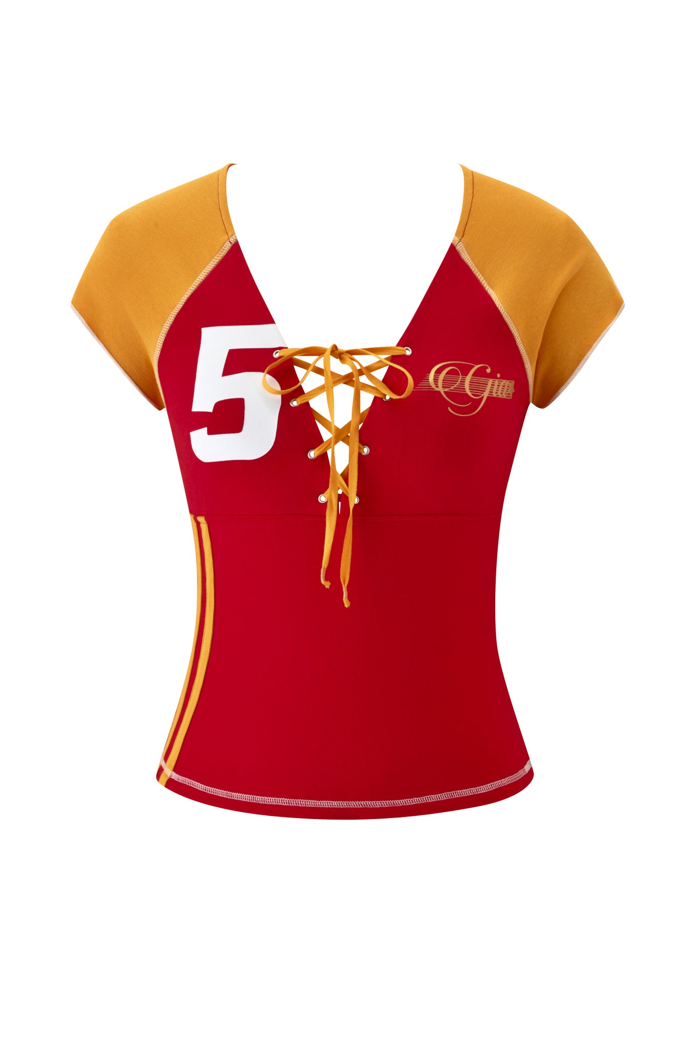 The NOVIA LACE-UP T-SHIRT AND HEADBAND by I.AM.GIA is a fitted, short-sleeved red baby tee with yellow sleeves, white number 5, gold logo detailing, lace-up front, and crafted from stretch cotton soccer jersey.
