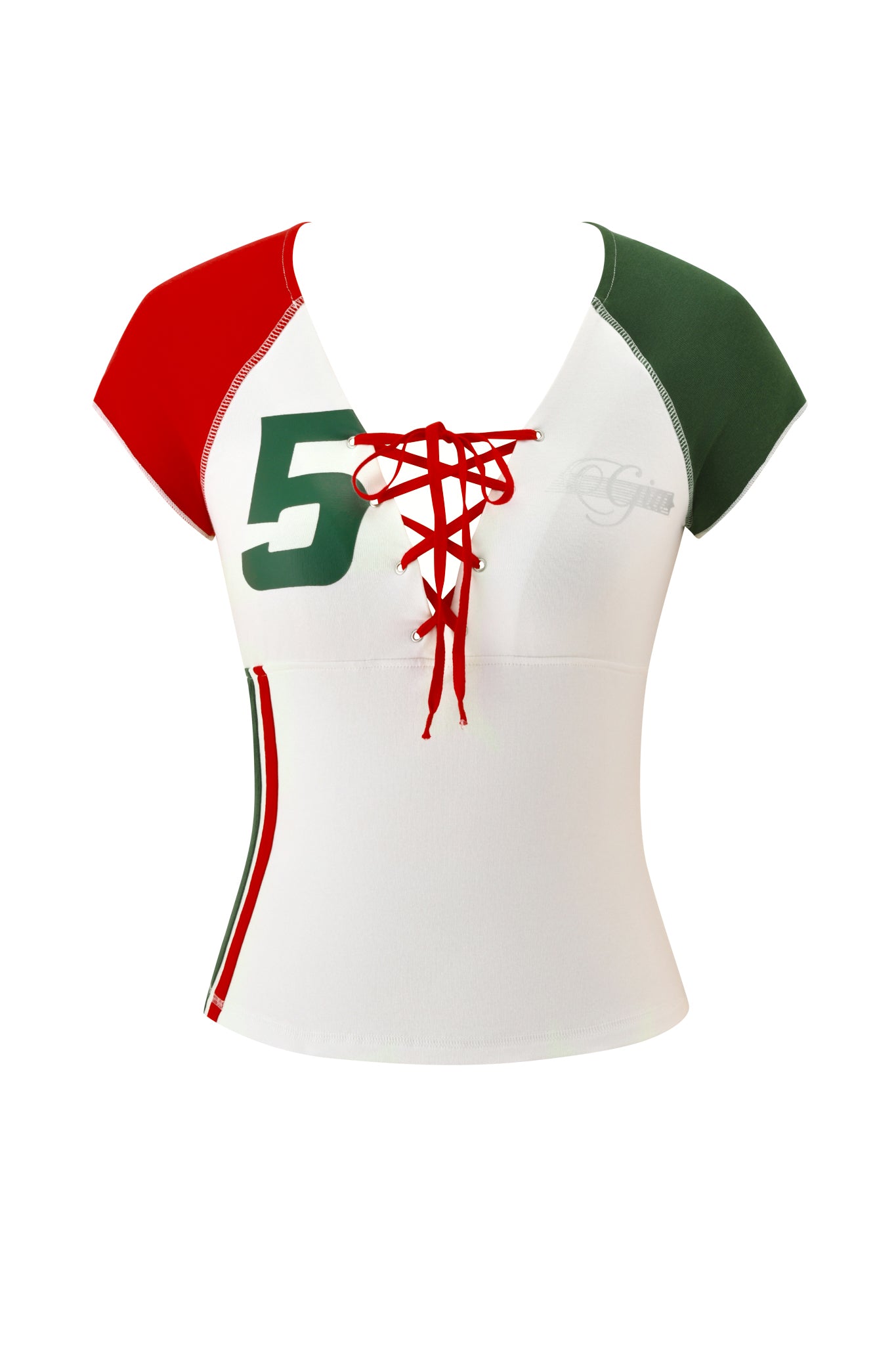 The I.AM.GIA NOVIA LACE-UP T-SHIRT AND HEADBAND in white is a fitted, short-sleeved stretch cotton top with a red left sleeve, green right sleeve, lace-up front, green number 5, and red/white/green side stripes.