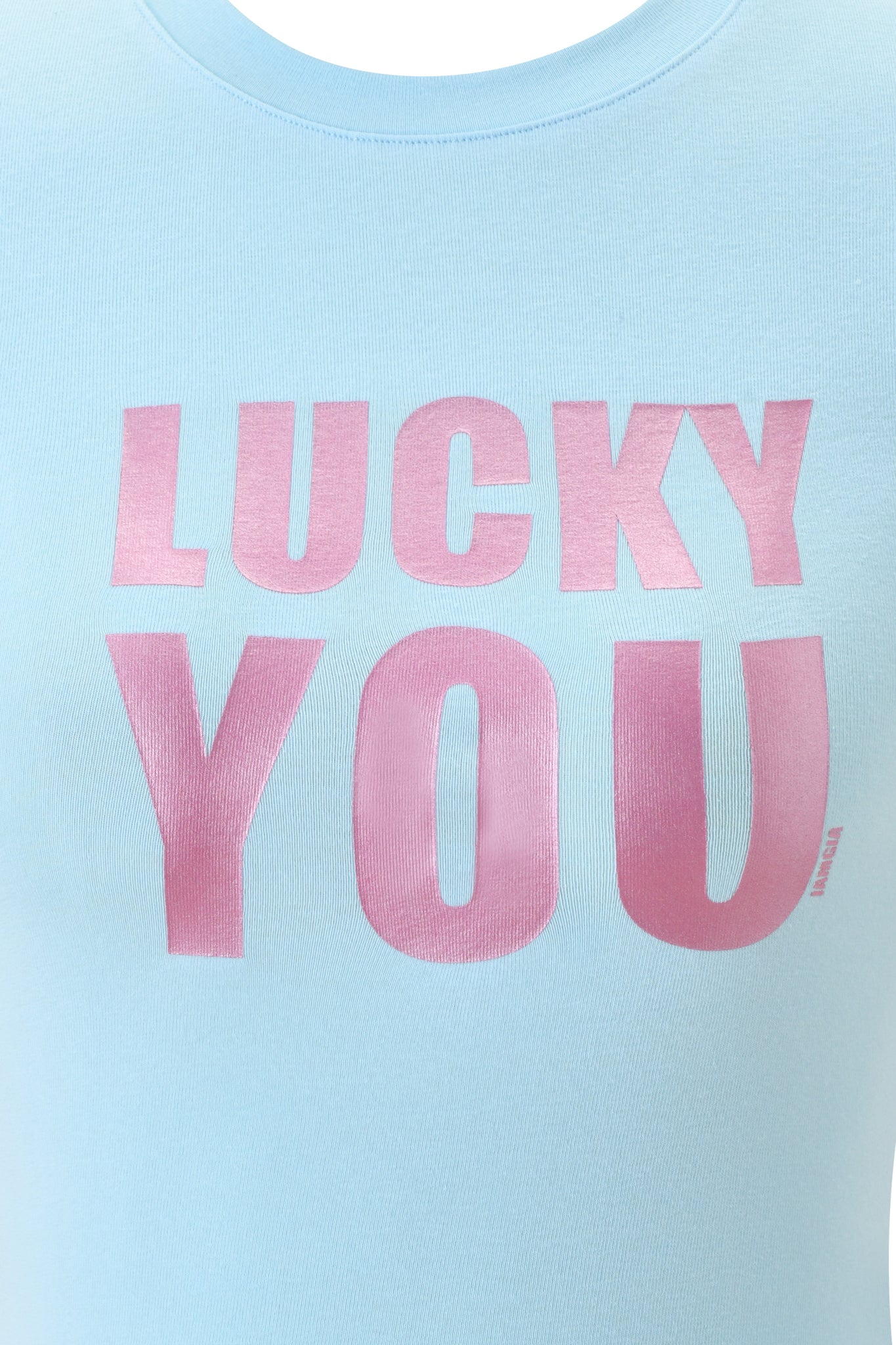 Close-up of the I.AM.GIA COURTNEY TANK - LUCKY YOU, a powder blue muscle tank with "LUCKY YOU" boldly printed in large pink letters on the front.