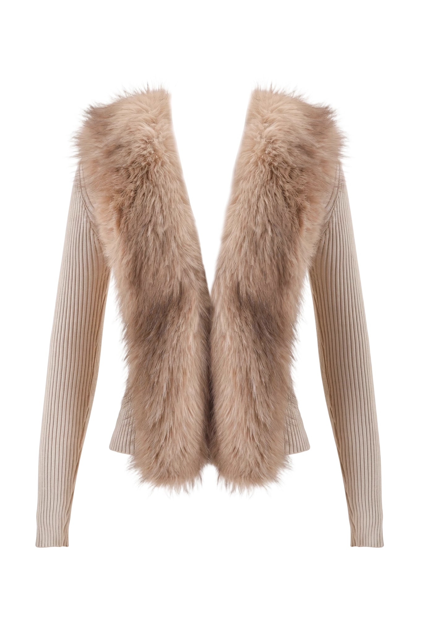 The KYTIA FAUX FUR CARDIGAN - BEIGE by I.AM.GIA is a beige rib-knit, long-sleeve sweater perfect for effortless winter layering, featuring a large, fluffy light brown faux fur collar that drapes in an elegant V-shape down the front.