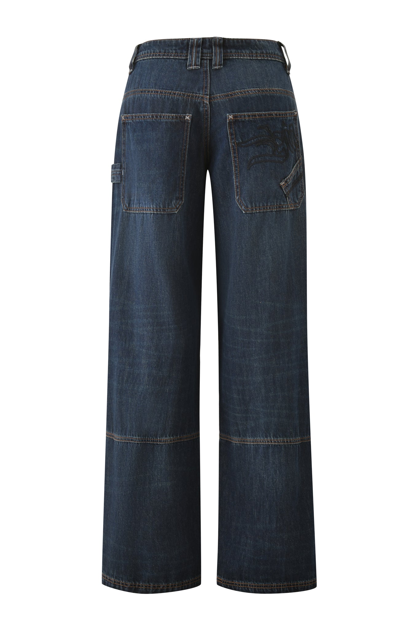 The I.AM.GIA MISTY JEAN in Blue Dusty Wash features wide legs, a low-rise fit, two large back pockets, and visible stitching details.