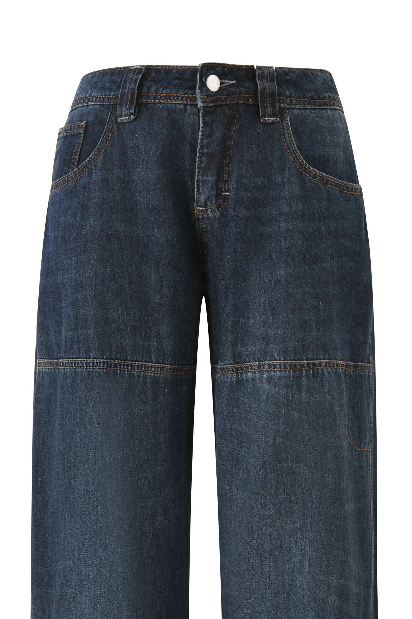 The I.AM.GIA MISTY JEAN in Blue Dusty Wash features a dark blue straight leg, visible brown stitching, front pockets, belt loops, button closure, and low-rise fit with horizontal seam details for a structured look.