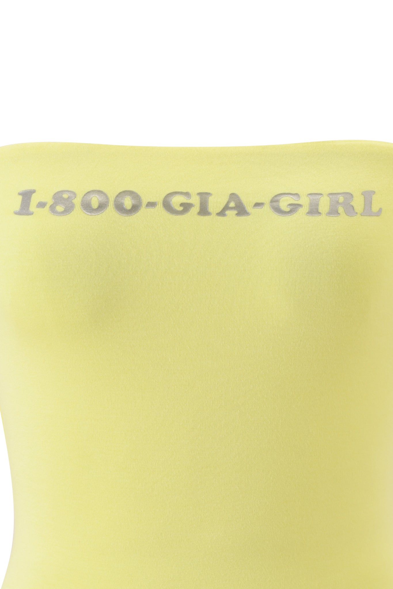 The NESSY BOOB TUBE - GIA GIRL by I.AM.GIA is a yellow tube top featuring “1-800-GIA-GIRL” in metallic silver across the chest, designed in a sleek bodycon fit.
