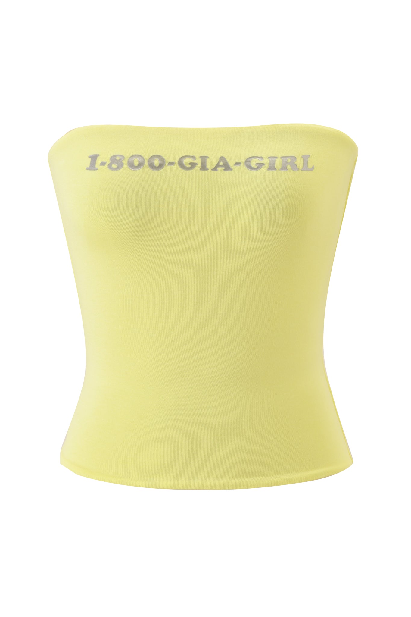 The I.AM.GIA NESSY BOOB TUBE - GIA GIRL is a strapless, light yellow bodycon tube top featuring "1-800-GIA-GIRL" in silver letters across the chest, shown against a white background.