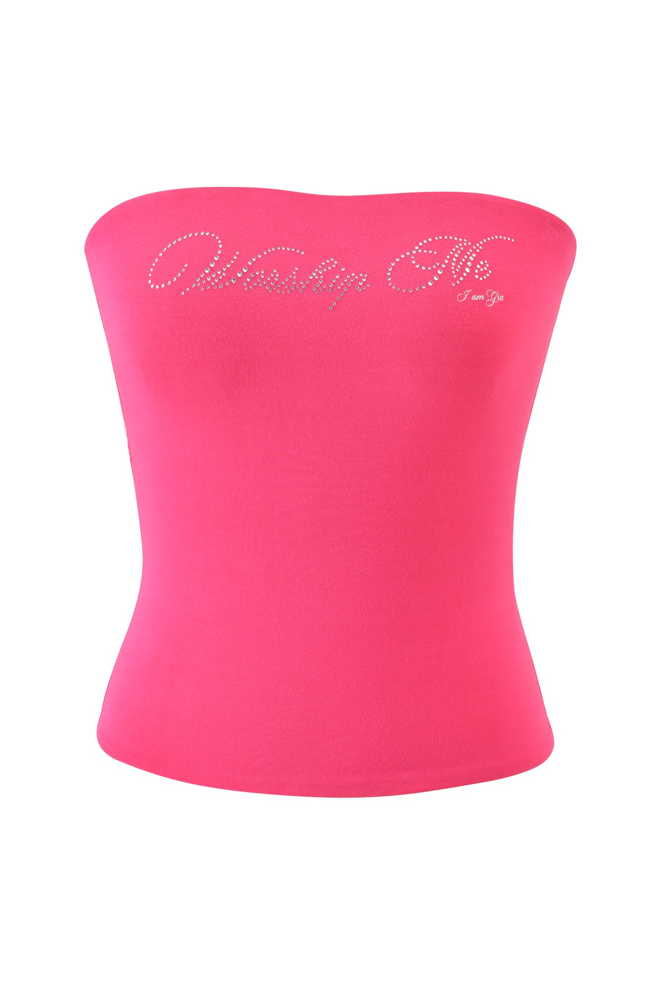 The NESSY BOOB TUBE - WORSHIP ME by I.AM.GIA is a bright hot pink bodycon tube top with rhinestone graphic text and smaller script, shown on a plain white background.