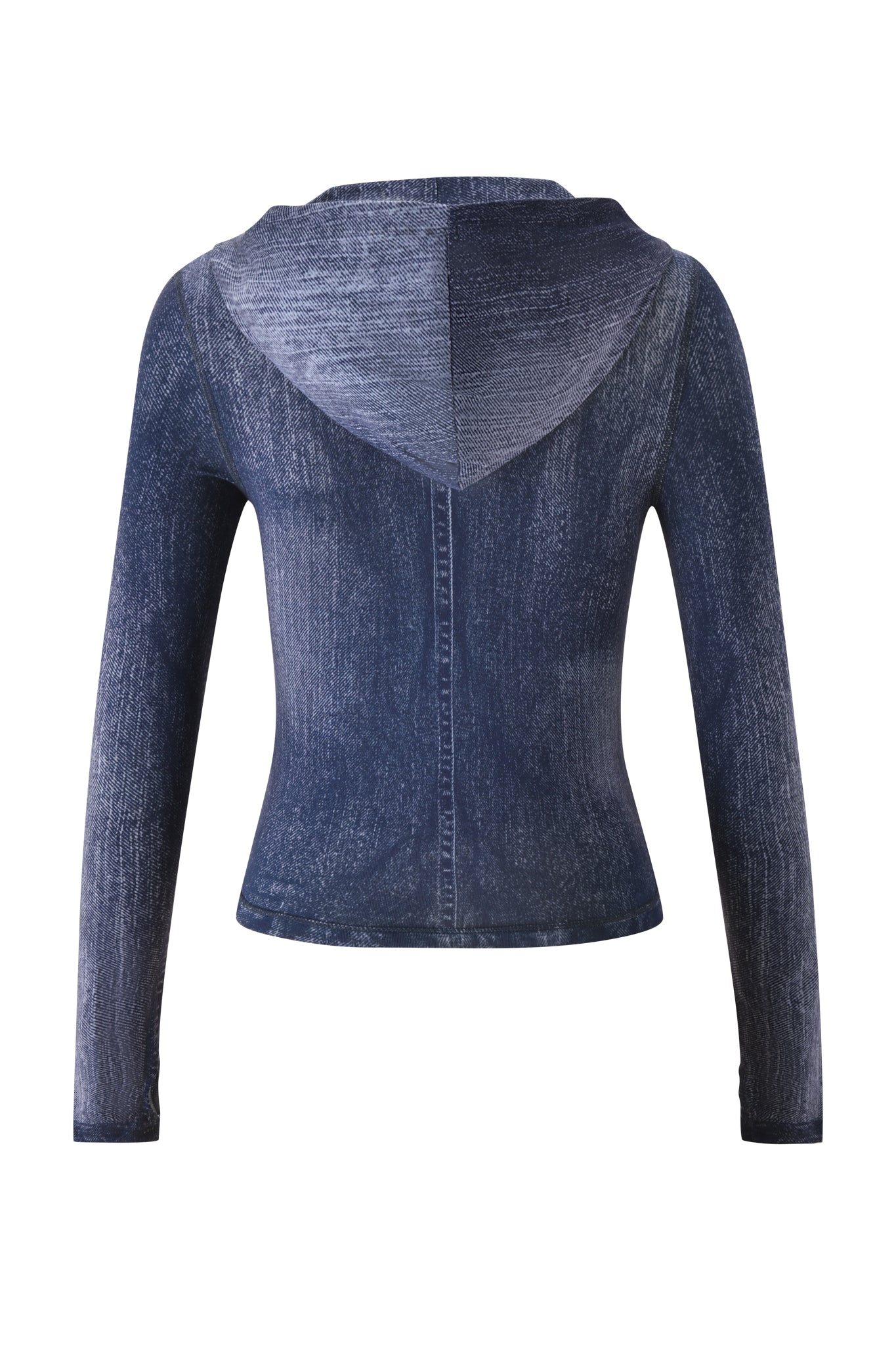 The I.AM.GIA BLARE HOODIE - DARK DENIM features a dark blue, long-sleeve fitted design with a distressed washed-out finish. Shown from the back on a white background, it's crafted from soft bamboo for lasting comfort.