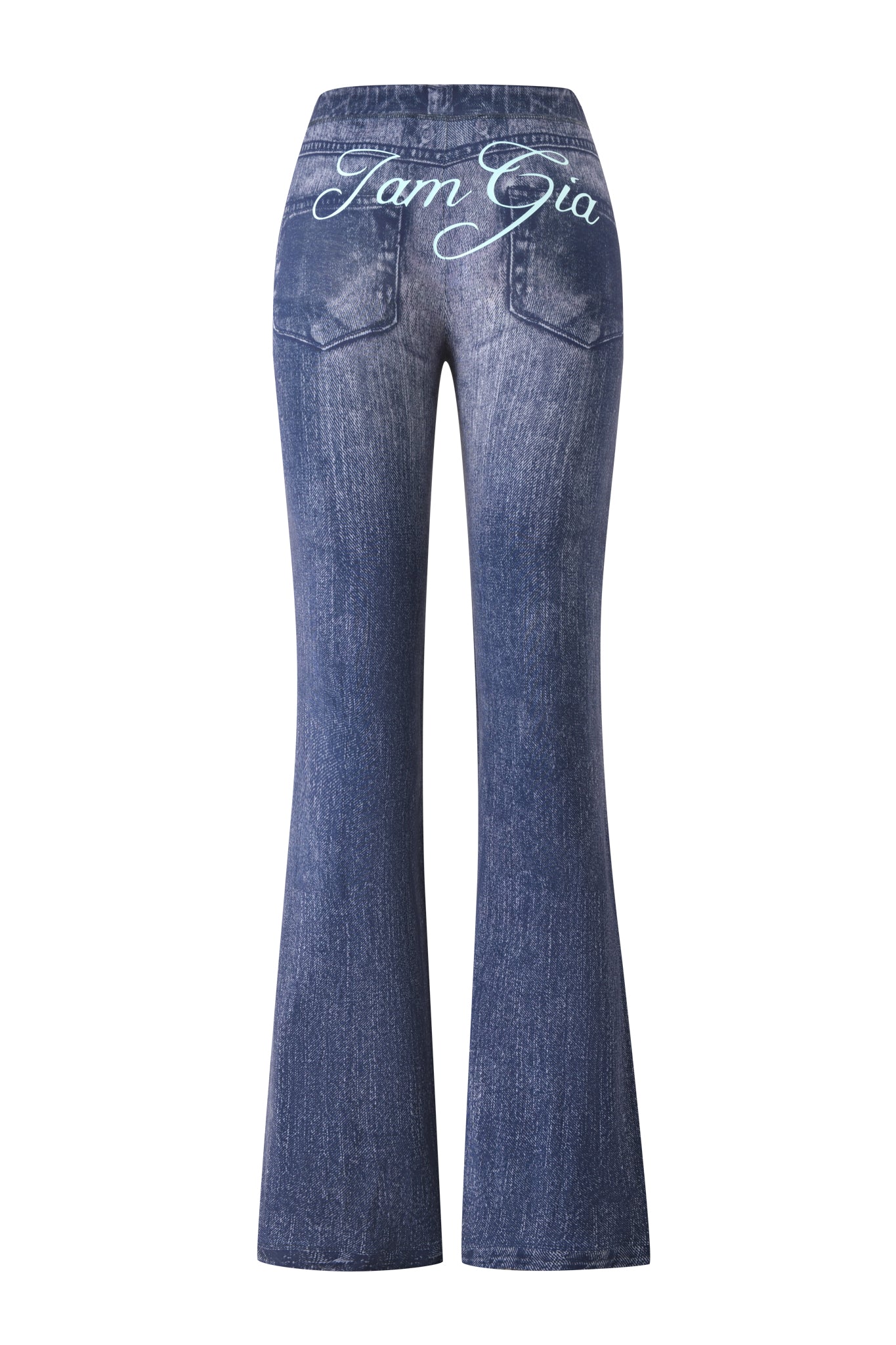 The BLARE TRACKPANT - DARK DENIM by I.AM.GIA is a pair of blue faux-denim trackpants seen from the back, featuring two pockets and "I.AM.GIA" in white script on the waistband.