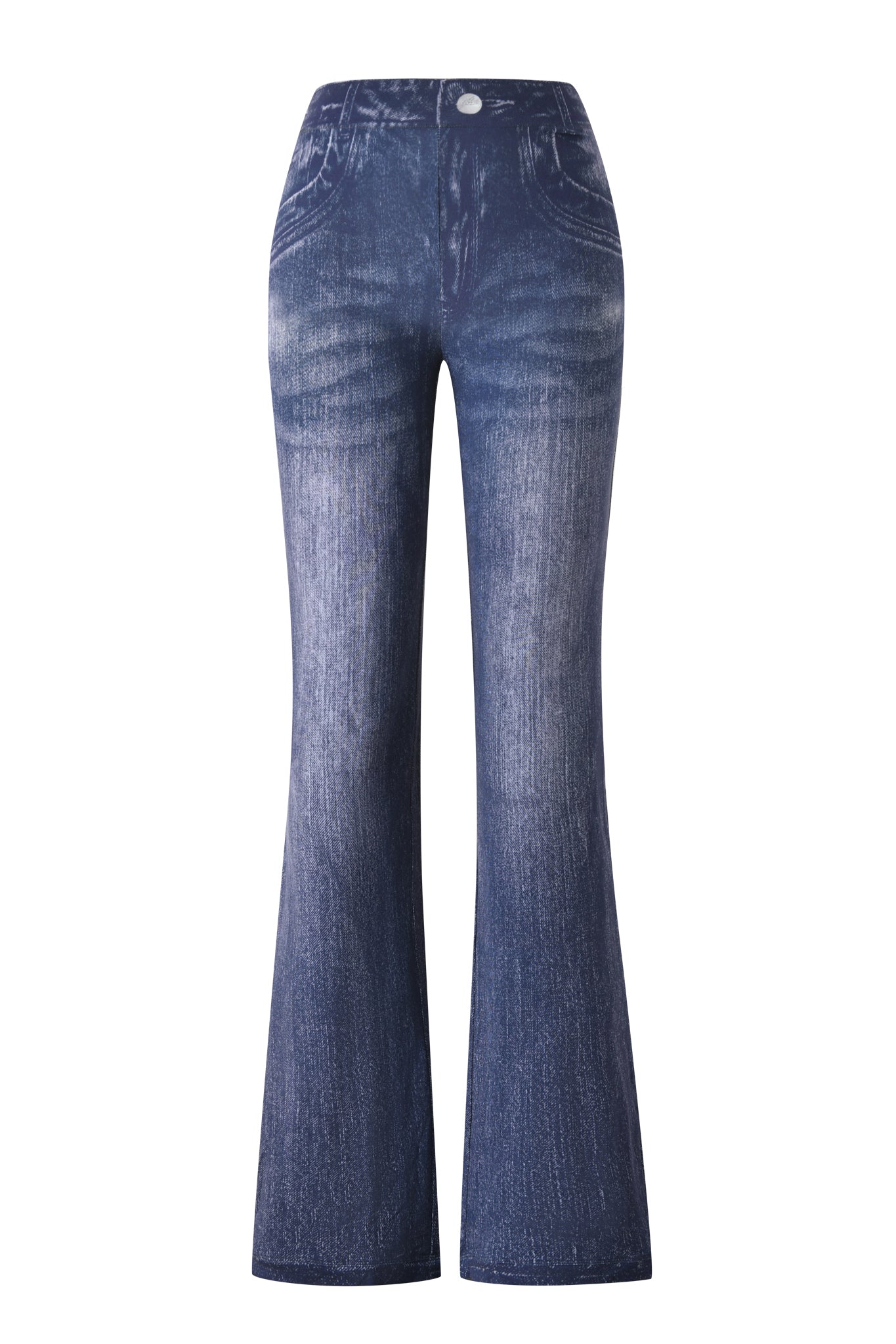 The BLARE TRACKPANT - DARK DENIM by I.AM.GIA is a high-waisted, flared trackpant with a front button closure, faded worn effect, and classic pockets.