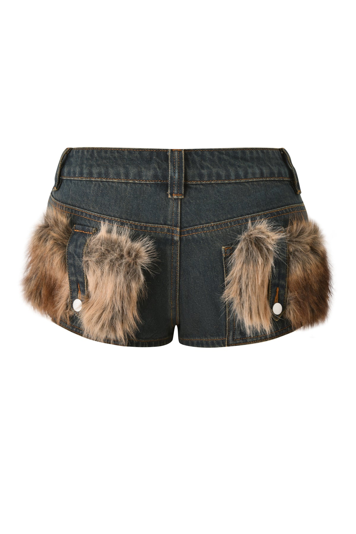 The BODI DENIM HOT SHORT - DENIM by I.AM.GIA features dark micro denim construction with brown faux fur trim accenting the back pockets, shown on a white background—ideal festival party shorts for making a bold, stylish statement.