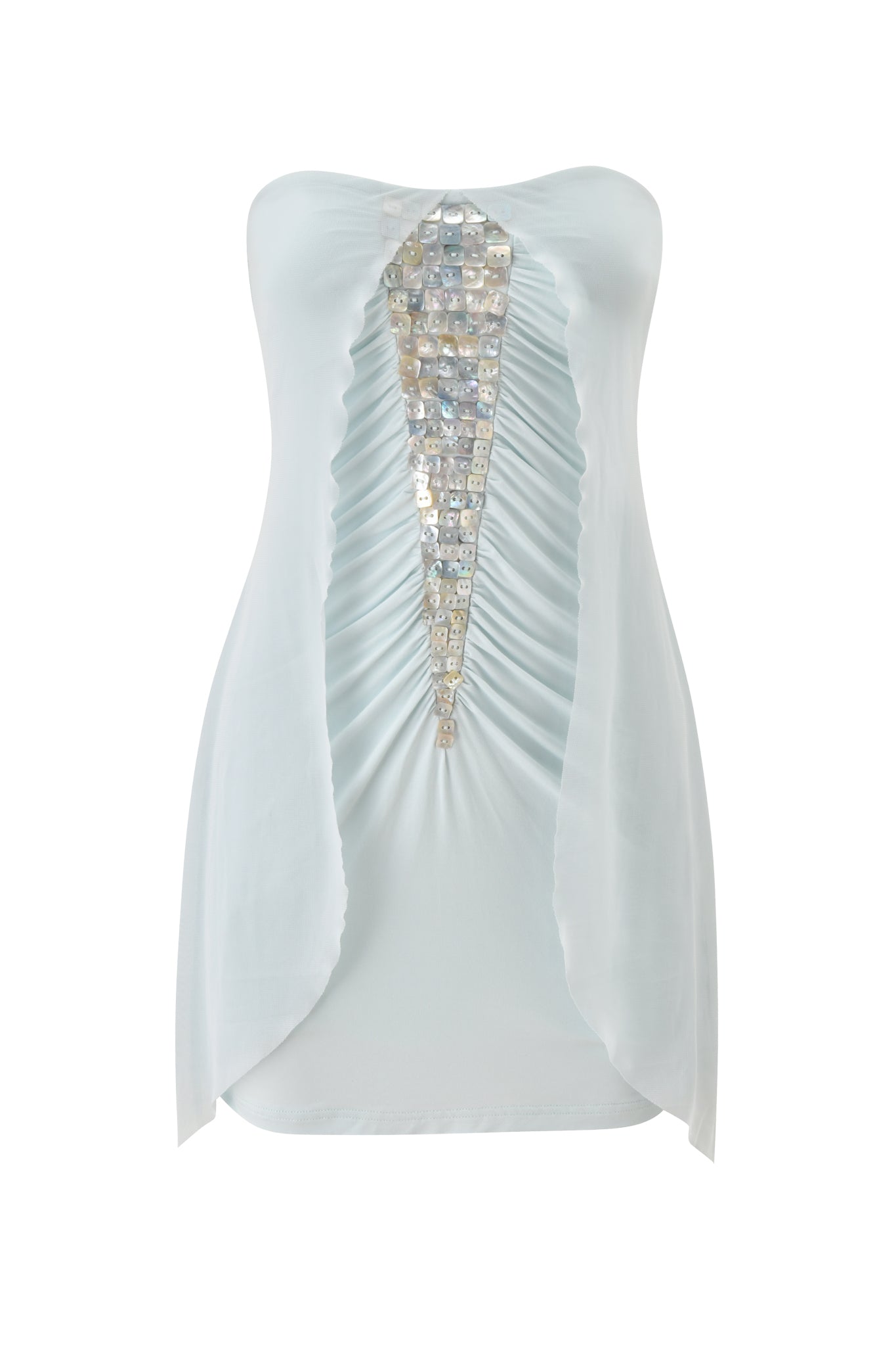 The ARIEL MINI DRESS - BABY BLUE by I.AM.GIA is a strapless tube dress with a deep V-front cutout, ruched fabric, and a central panel featuring silver square sequins.