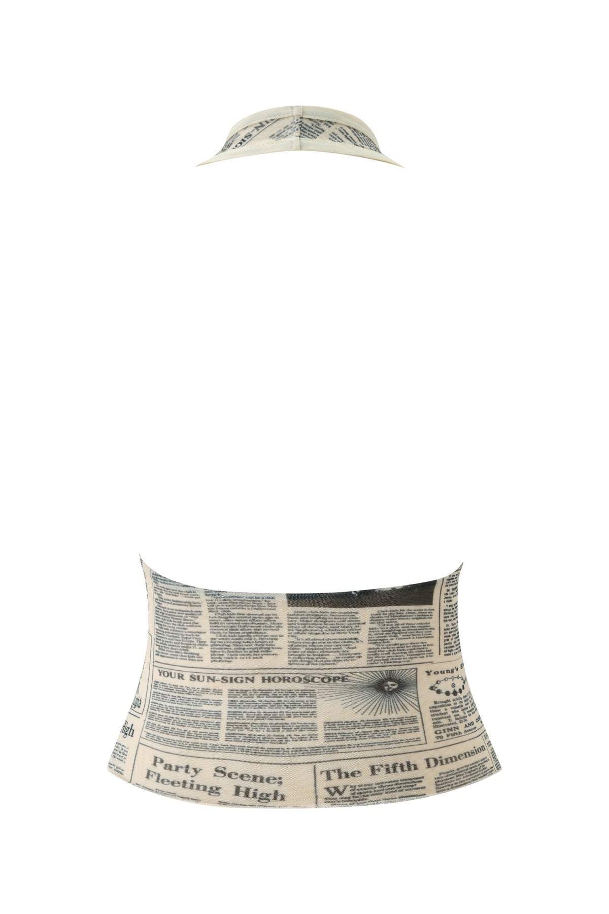 The I.AM.GIA SORA TOP - LEFT ON READ, a corset-style top featuring black-and-white newspaper print, is displayed alongside a matching bucket hat against a plain white background.