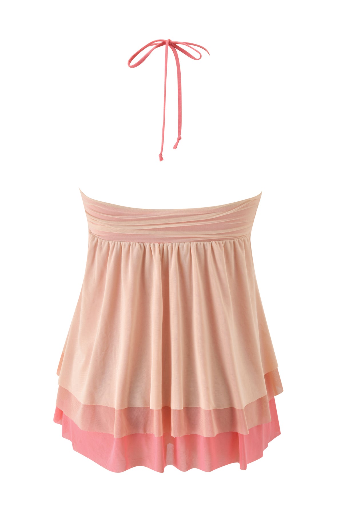 The IDALIA TOP - RASPBERRY MULTI by I.AM.GIA is a sleeveless, layered garden party top with a mesh halter neck design, showcasing a delicate tie at the neck. Its light pink upper layer contrasts beautifully with the deeper raspberry-toned lower layer.